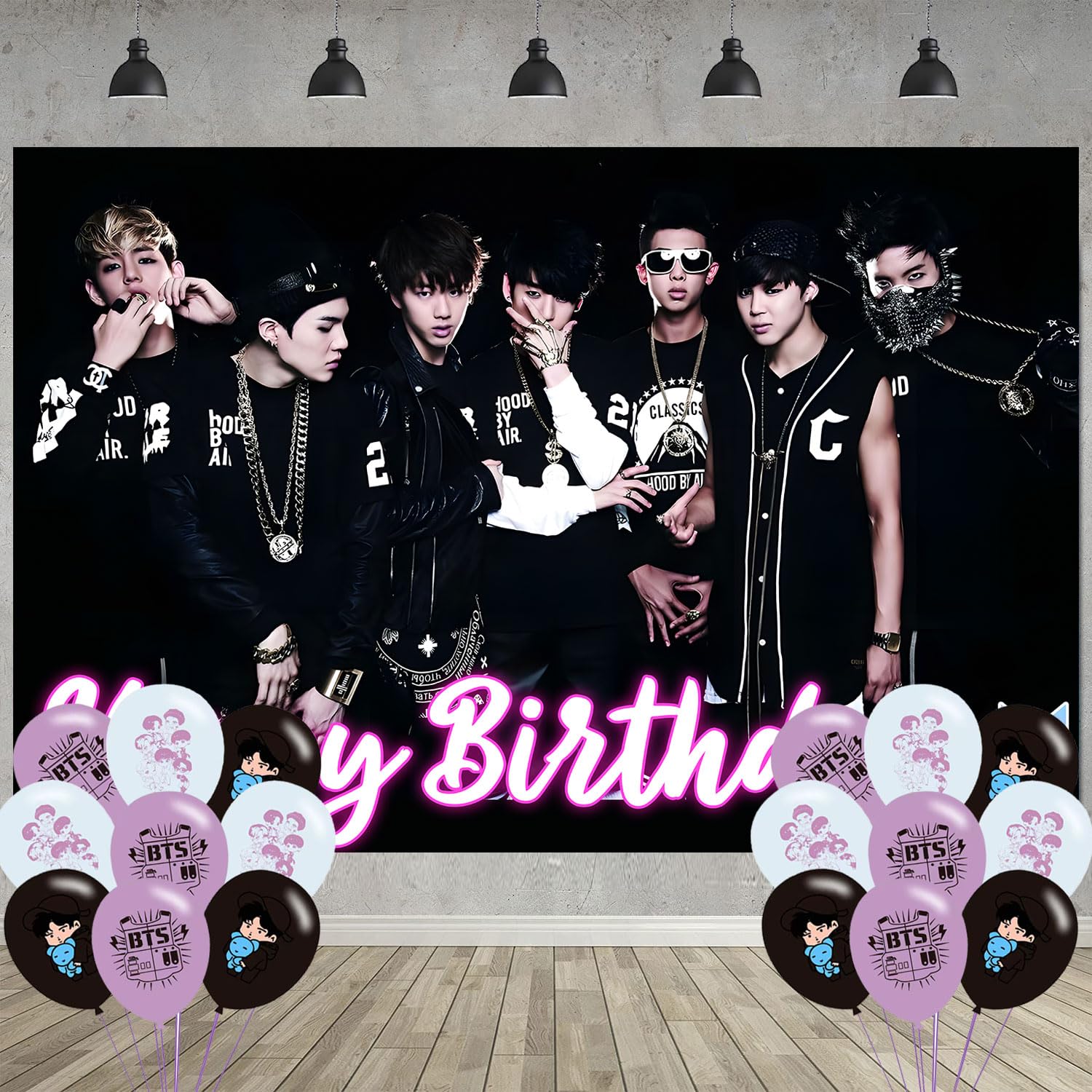 Bangtan Boys Birthday Party Decoration,Boy Band Party Photo Background 5 x 3 FT and 18 Pcs Balloon,Merch Party Backdrop Supplies