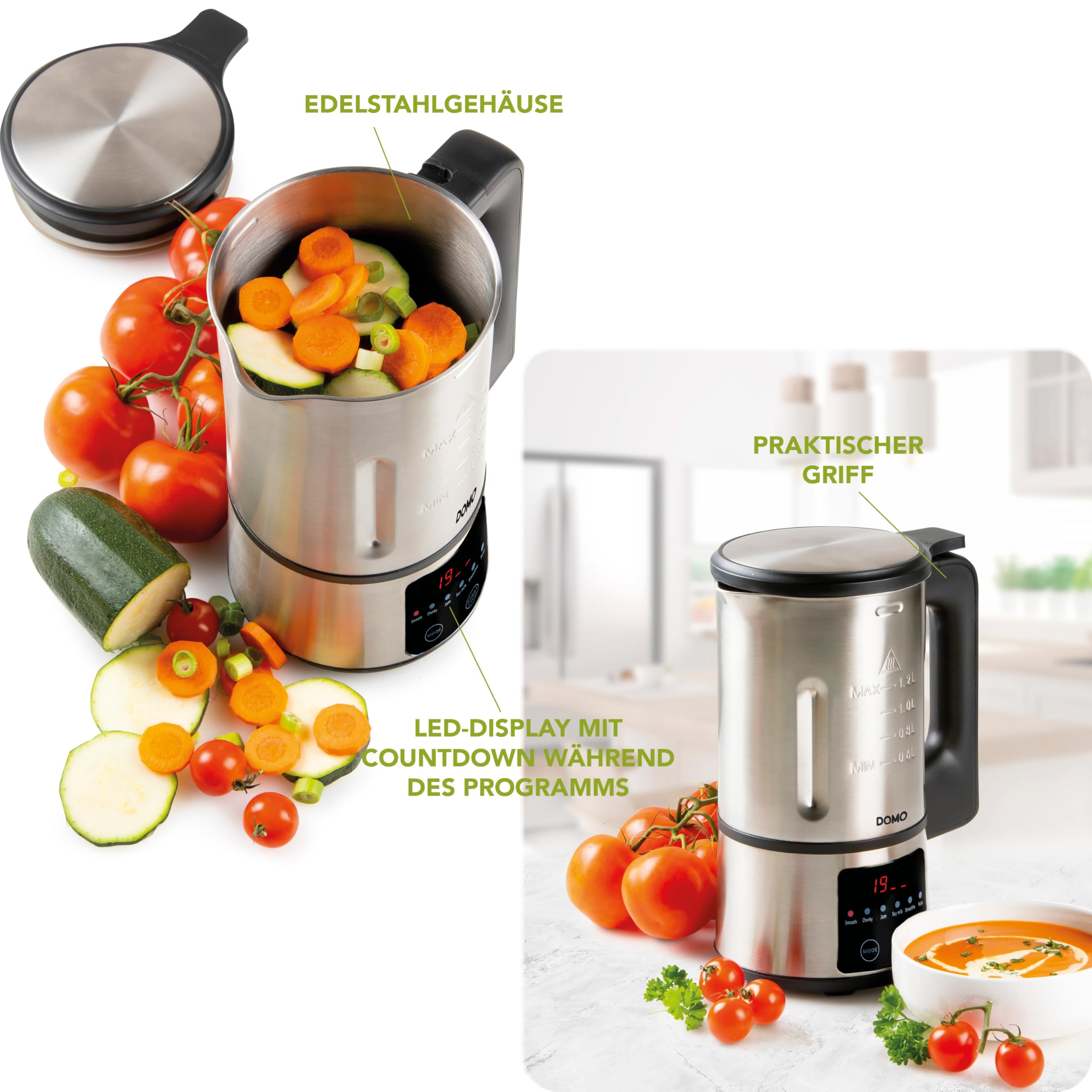 DOMO DO727BL Suppenmacher 1,2 L Standmixer Edelstahl Schwarz 6 Automatische Programme