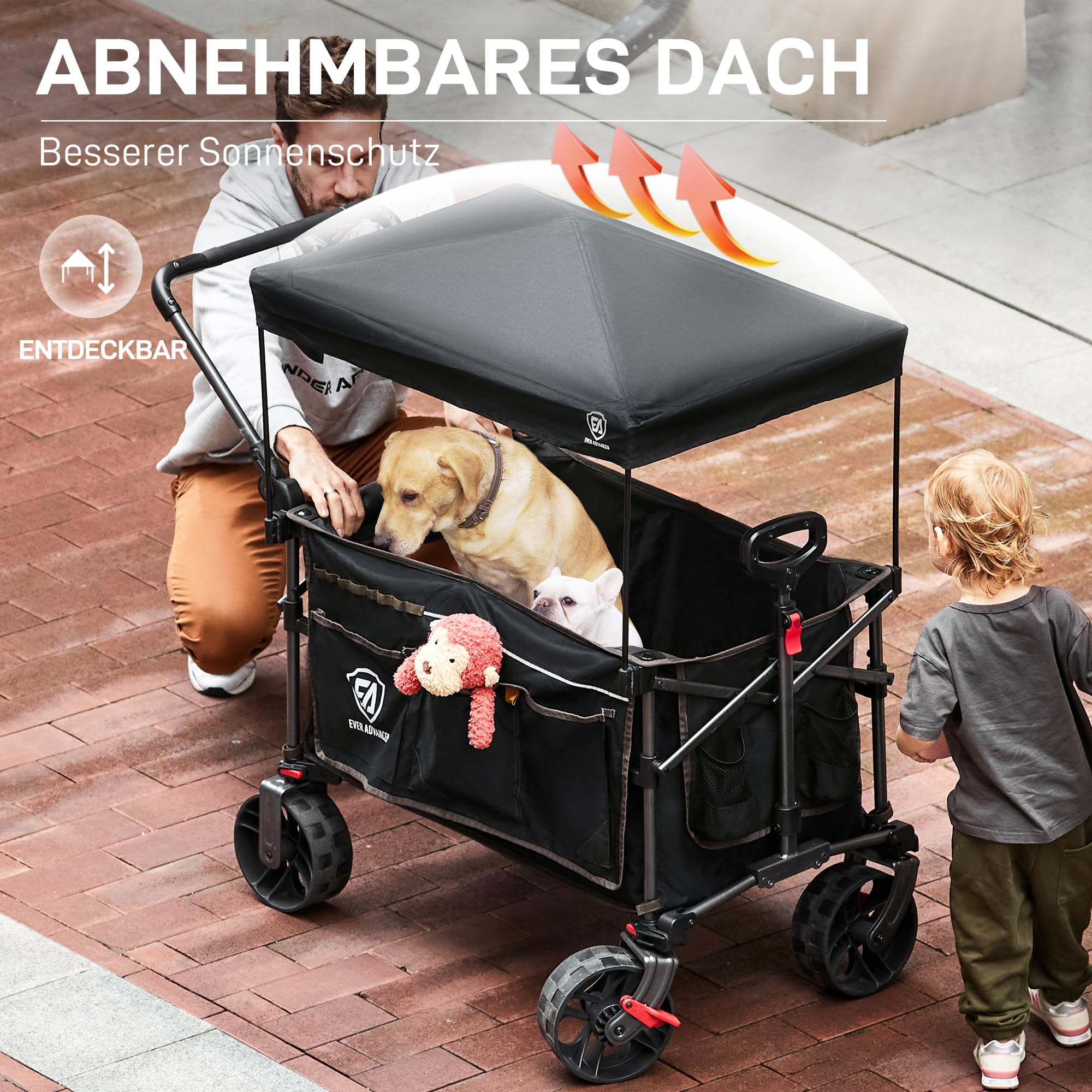 EVER ADVANCED XXL Bollerwagen faltbar 225L bis 150kg mit Bremse Dach Handwagen schieben&ziehen klappbar Strandwagen 20 * 8cm breite Räder Faltwagen für Camping Strand Einkauf Tier Schwarz Groß
