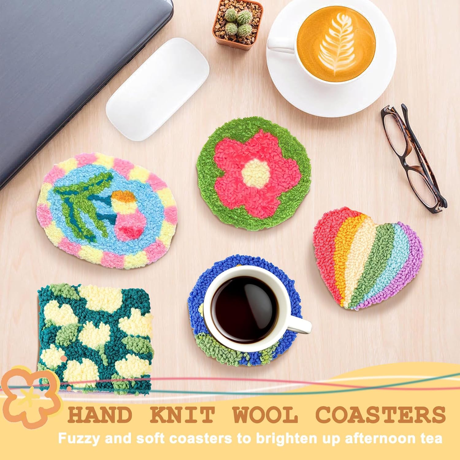 6 Pieces Floral Coaster Punch Needle Kit, Hand Art Punch Embroidery Kit with Hoop, Yarn, Needle, Felt, Hot Glue Stick & Instructions, DIY Stitching Coasters Set for Beginners Adults (Colorful)
