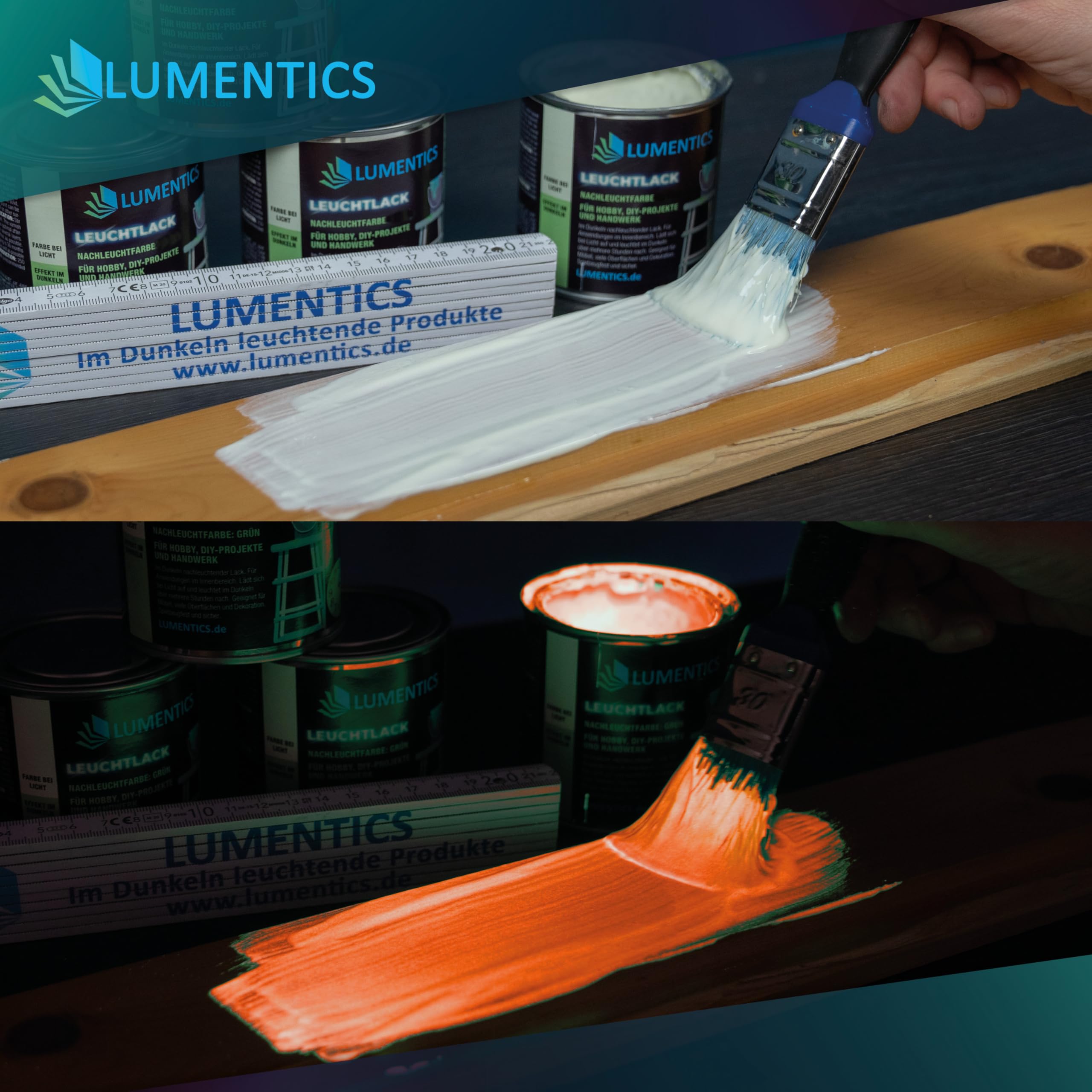 LUMENTICS Lack nachleuchtend Orange 250ml - Farbe leuchtet im Dunkeln - Selbstleuchtender Lack auf Acrylbasis - Leuchtlack phosphoreszierend, fluoreszierend, wiederaufladbar, geruchsarm