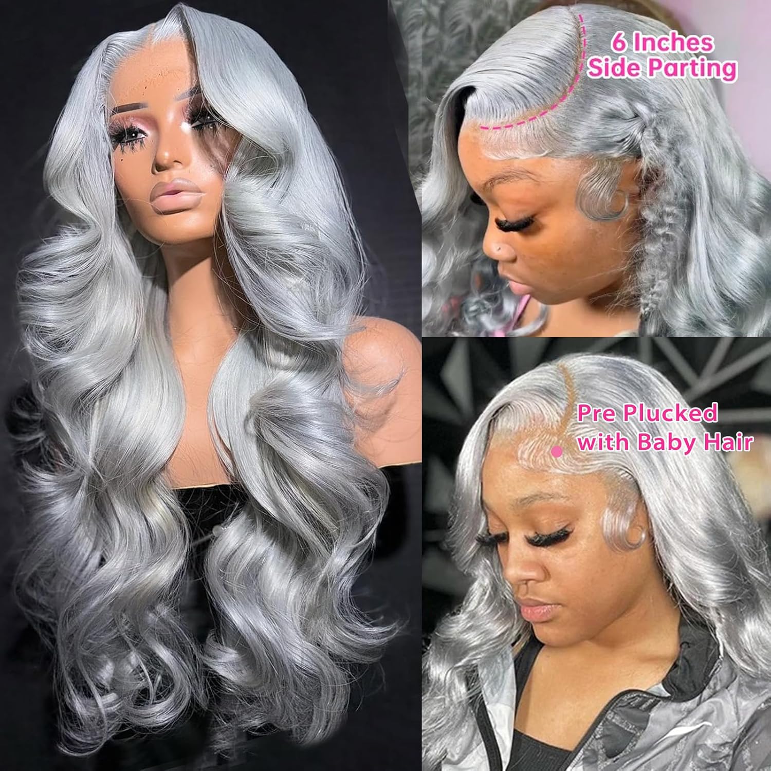 Licoville 13x6 Grey Lace Front Wigs Human Hair Body Wave Gray Wigs for Women 24 Inch 180% Density Thick and Full Grey Wig Human Hair HD Lace Silver Lace Front Wig Pre Plucked Hairline