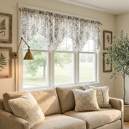 Miniatura 2 de jinchan Cenefa con estampado floral para ventanas de 36 pulgadas de largo, cenefas de cocina de lino para filtrar la luz campestre, tratamiento