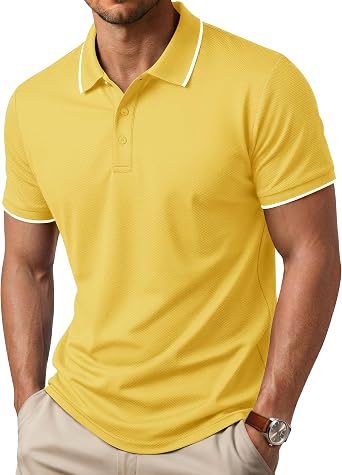 Cotrasen Mens Polo Shirts Short Sleeve Cotton Pique Dual Tipped Collar | Classic 3-Button, Moisture Wicking Breathable, Casual Regular Fit, Performance, Ribbed Cuffs, Great for Golf, Work, Daily