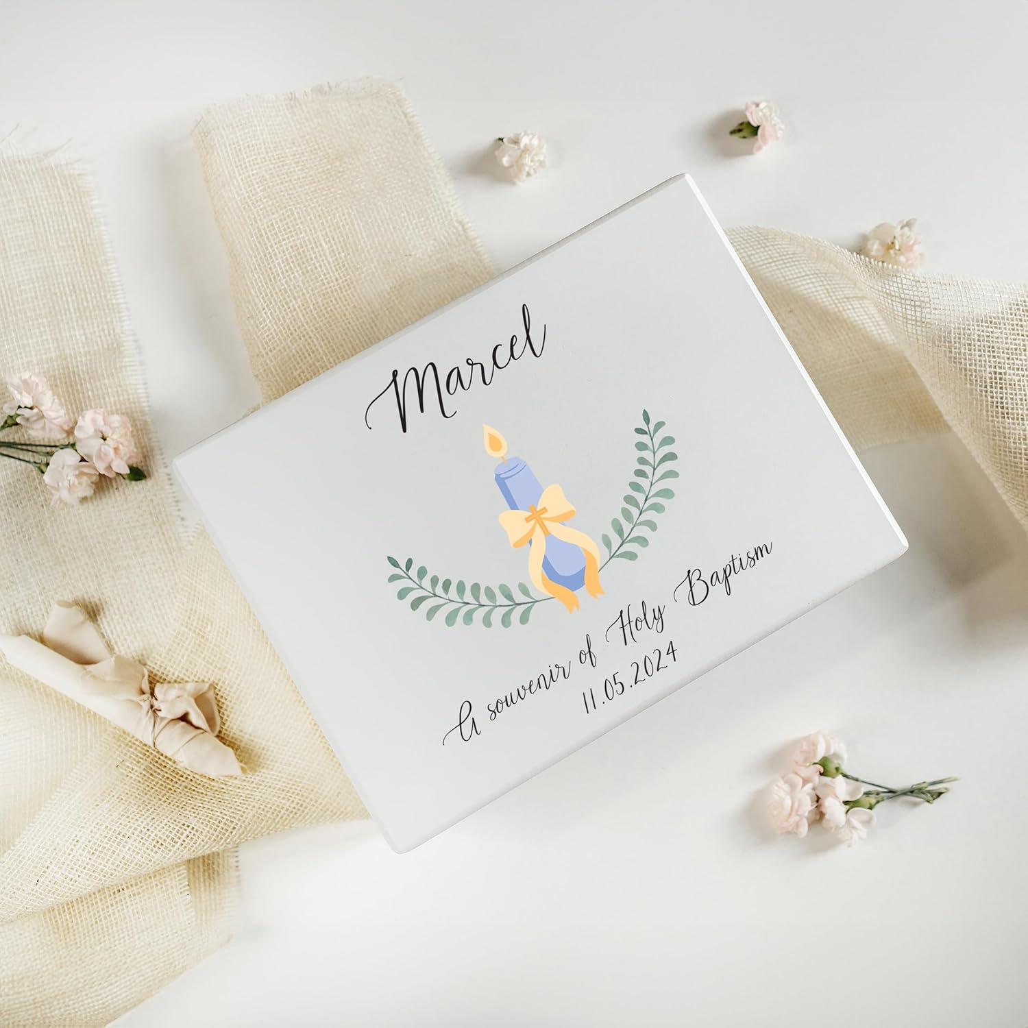 Personalized White Wooden Storage Box Baptism Box | 15.8x11.8x5.5in (+-0.5) | Candle | Hinged Lid Engraving | Unpainted Gift Box | Rough UNSANDED Keepsake Souvenir Chest