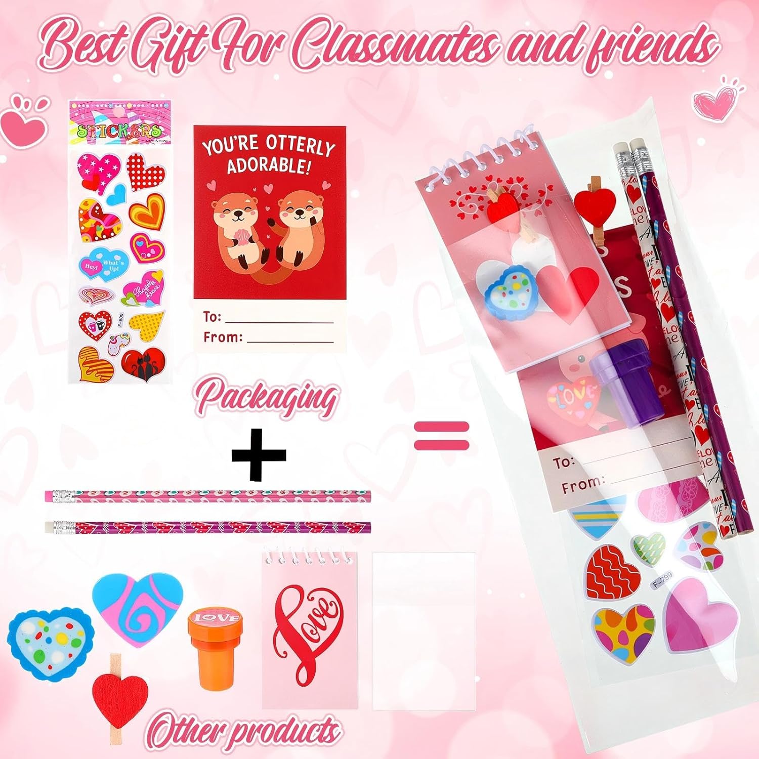 24 Packs/264 Pcs Valentines Day Stationery Gifts Set Includes Stampers Notebooks Pencils Stickers Erasers Cards and Bags Office Valentines Day Exchange Gifts