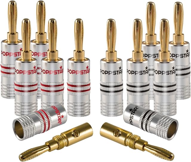 Poppstar Banana plug, for cables up to 4 sq mm screwed or 6 sq mm soldered, 24k gold plated contacts, set of 12