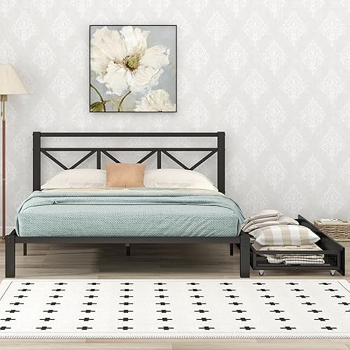 Rhomtree Metal Platform Bed with Square Design Headboard and Footboard Metal Frame with Strong Slat Support No Box Spring Needed with 2 Drawers Full disponible en Yaxa Guatemala