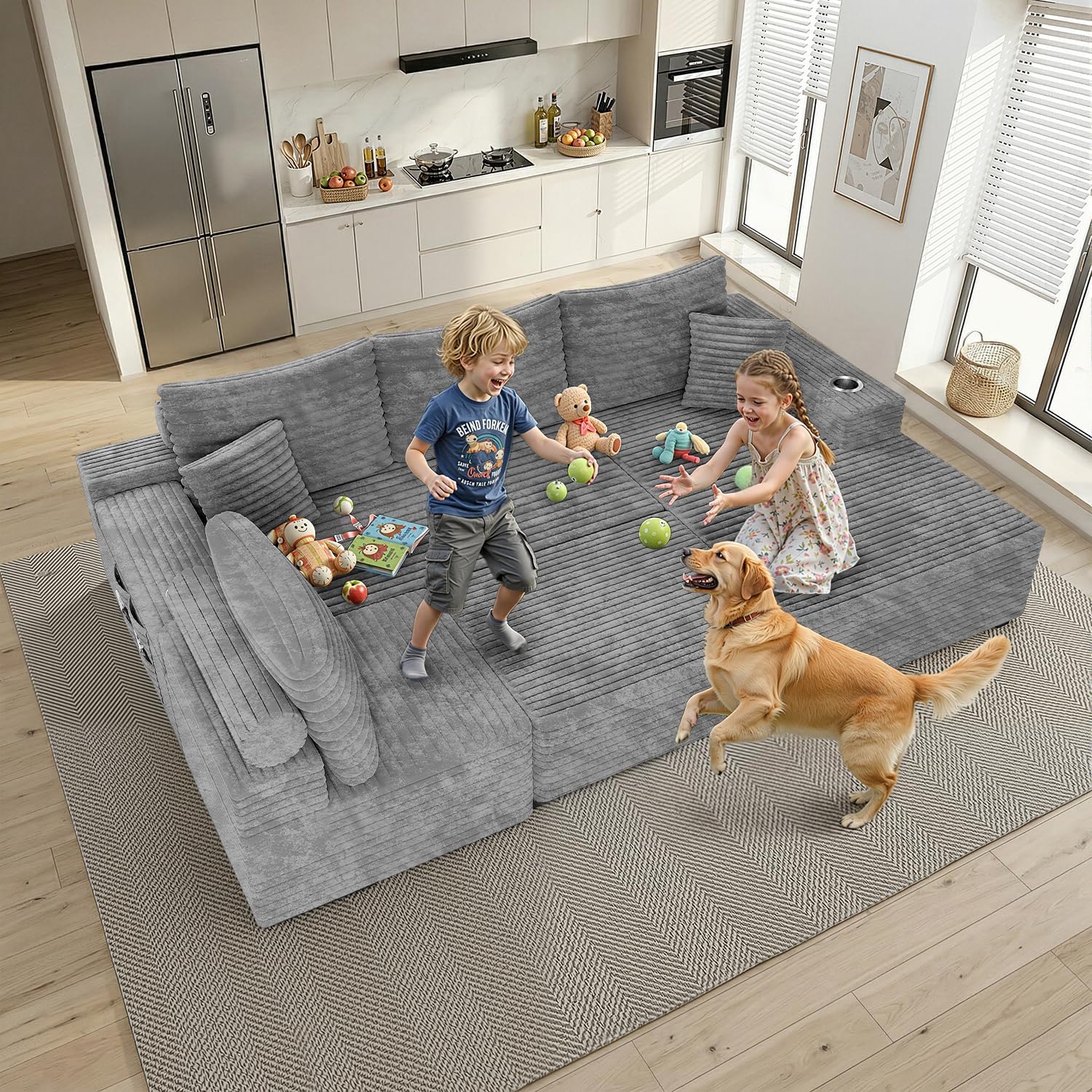 138" Cloud Modular Sectional Couch with Ottoman, Extra Large U Shaped Sofa Bed, High 17.7" Seat Height, 32D Pure Foam, Modular Seating for Living Room, No Assembly (Light Gray, Left Facing Chaise)