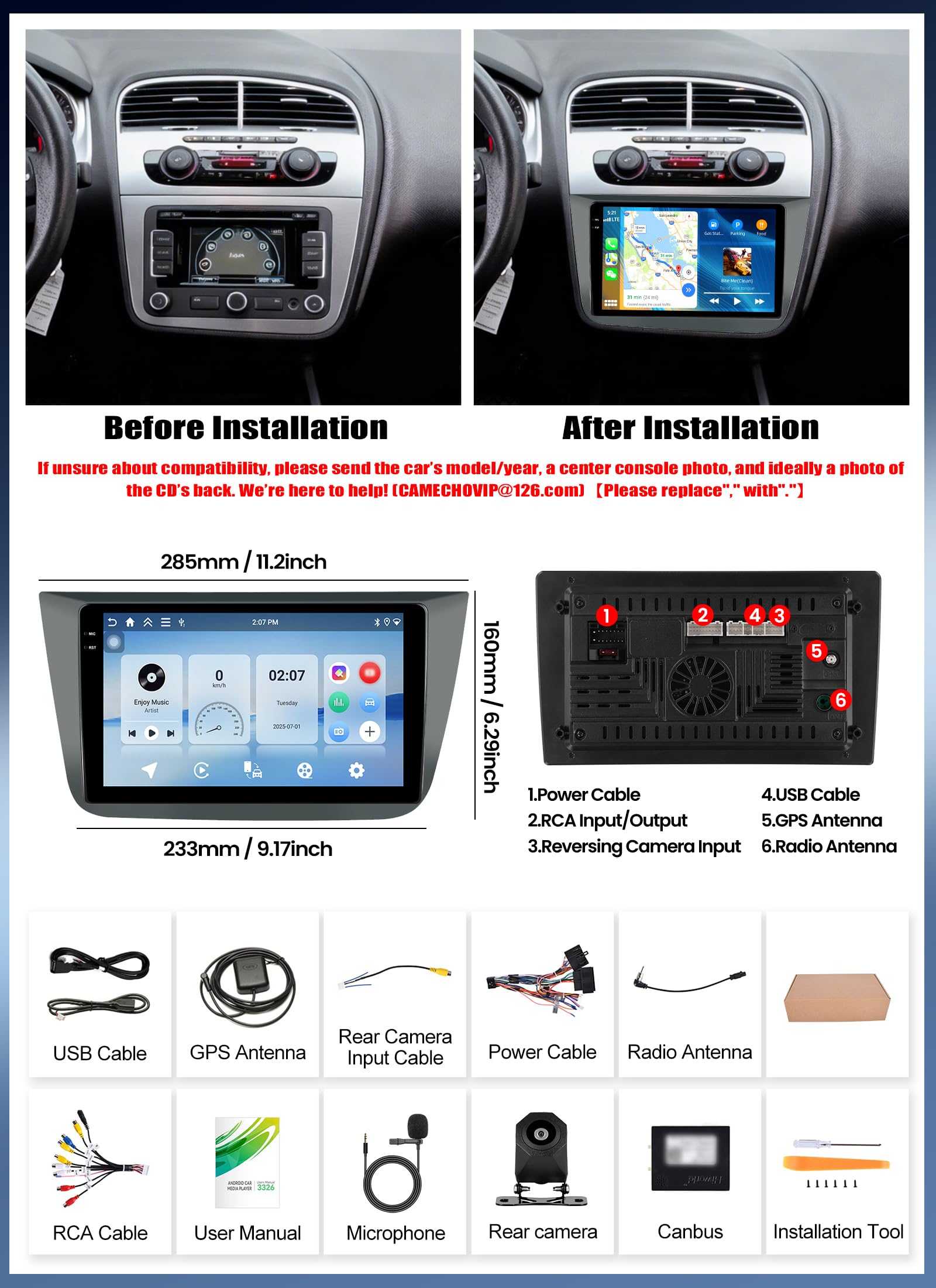 CAMECHO [4+64 GB] odtwarzacz samochodowy z Androidem 15 dla VW Seat Altea (2004–2016) z bezprzewodowym CarPlay i Android Auto ekran 9″ INCELL 1280×720 GPS nawigacja WiFi Bluetooth