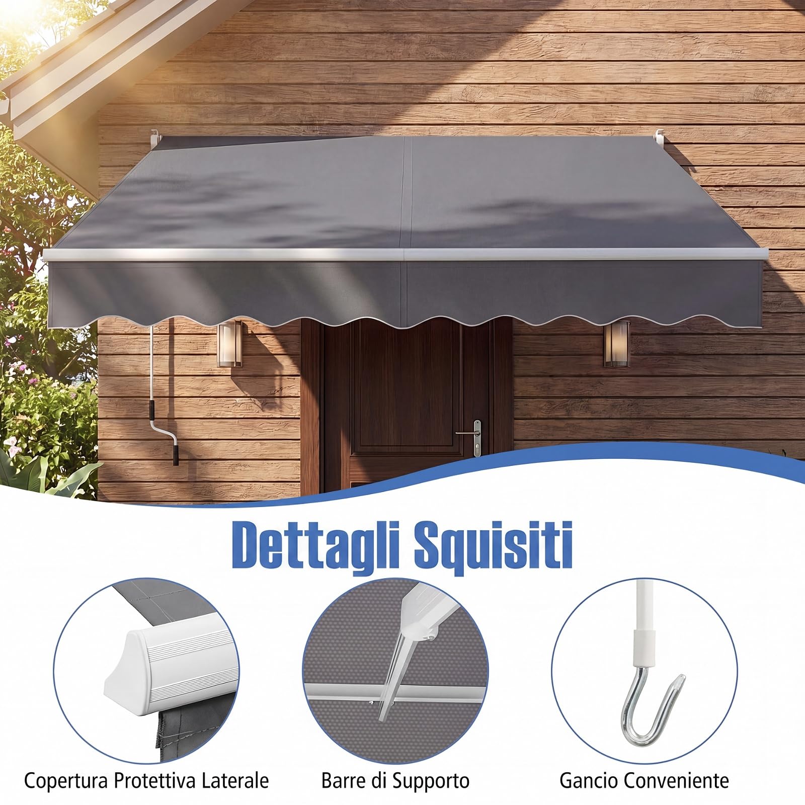 COSTWAY Tenda da Sole per Esterno Avvolgibile a Bracci Estensibili in Alluminio Impermeabile Grigio 245 x 200 cm
