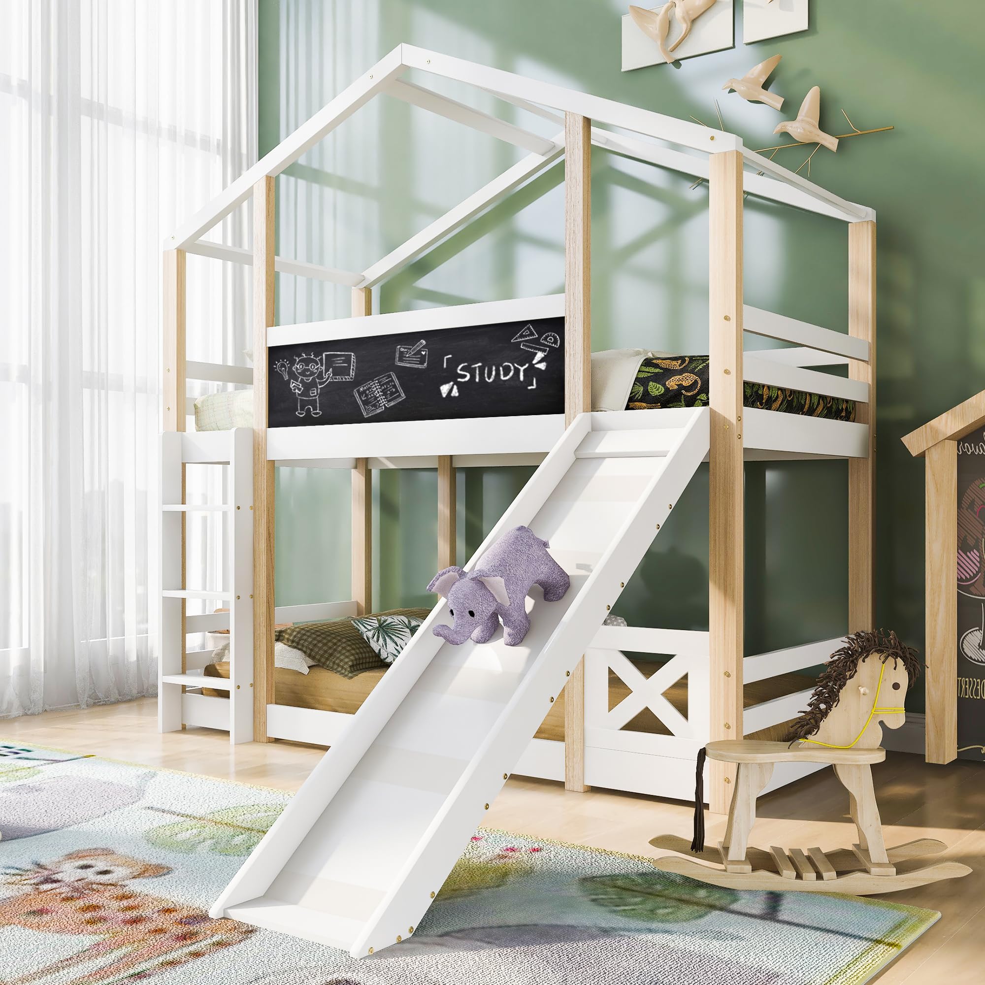 Lettino per bambini con scivolo e scala, 90 x 200 cm, letto a soppalco per bambini, 2 reti a doghe, naturale e bianco