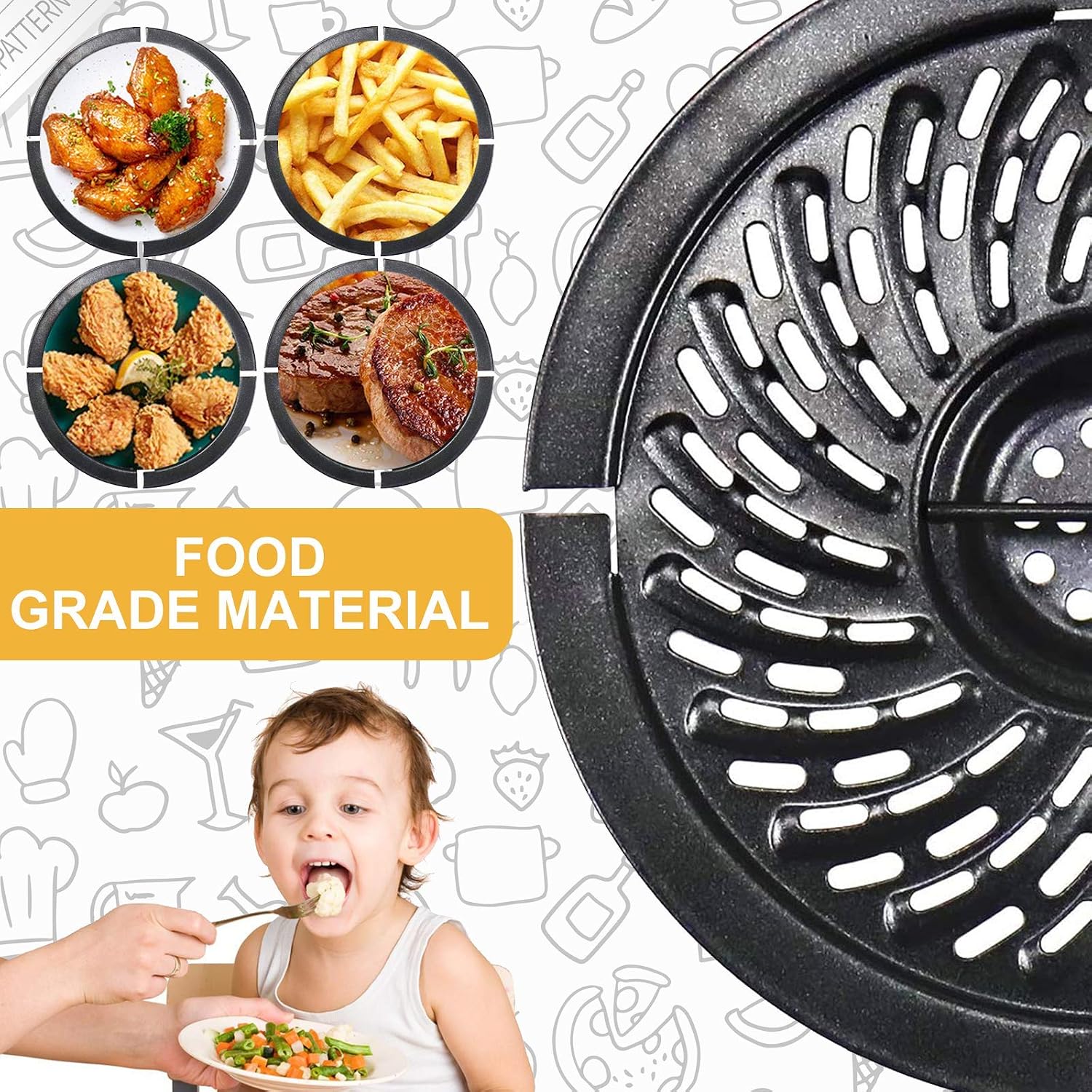Air Fryer Replacement Parts, 2QT 2.1QT Round Air Fryer Grill Pan Crisper Plate Tray Accessories Rack with Rubber Bumpers for Elite Gourmet Gowise Chefman Dash Power, Non-Stick, Dishwasher Safe