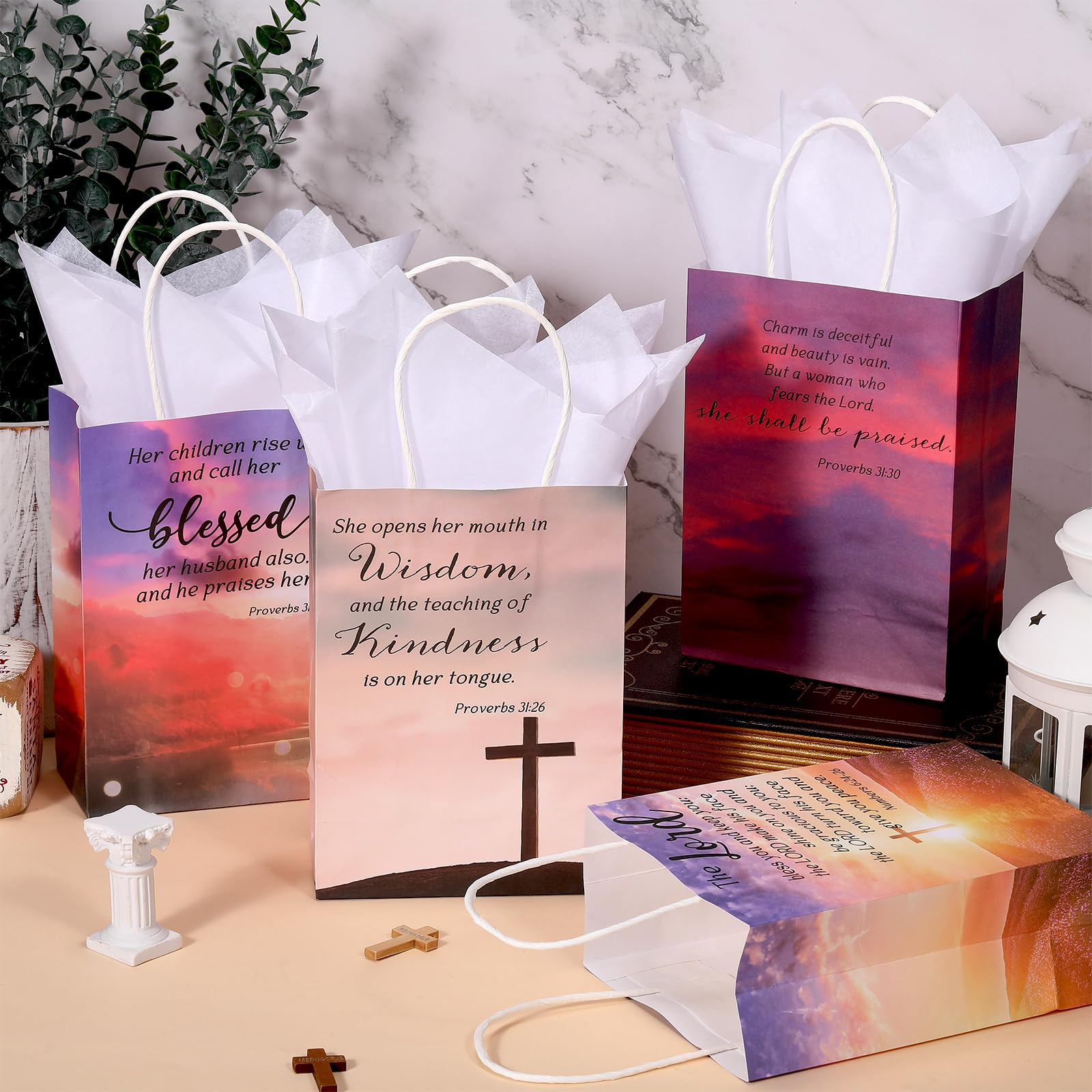 Moinchore 50 Sets Fathers Day Christian Gifts Bags Bulk with Tissue Religious Bible Verse Church Baptism Paper Gifts Bags for Men Women with Handle for Church Welcome Visitors, 4 Styles