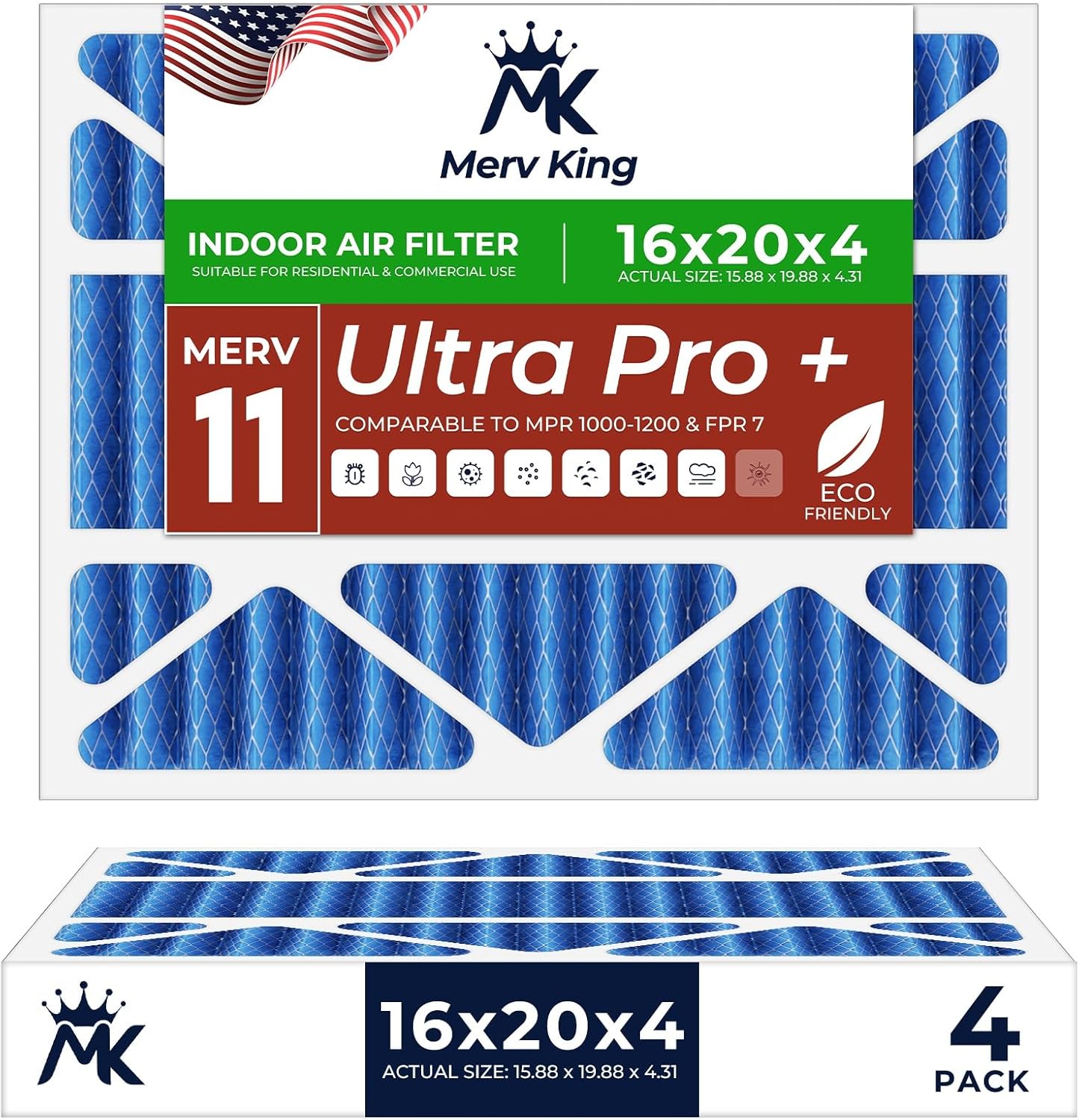 MervKing 16x20x4 Air Filter Actual Size: 15.88" x 19.88" x 4.31" MERV 11 MPR 1000-1200 | MADE IN USA | 4-Pack | Pleated HVAC AC Furnace Replacement