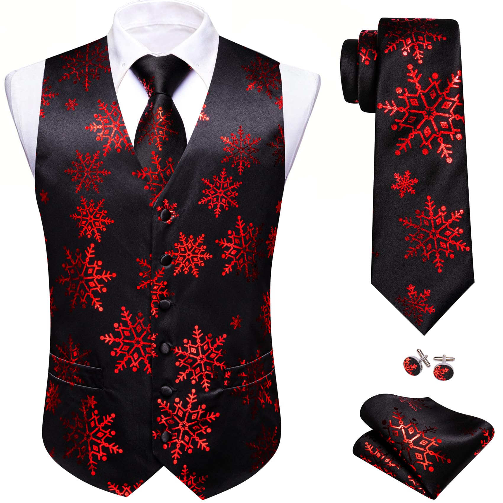 Barry.Wang Mens Red/Green Christmas Suit Vest Tie Holiday Xmas Waistcoat