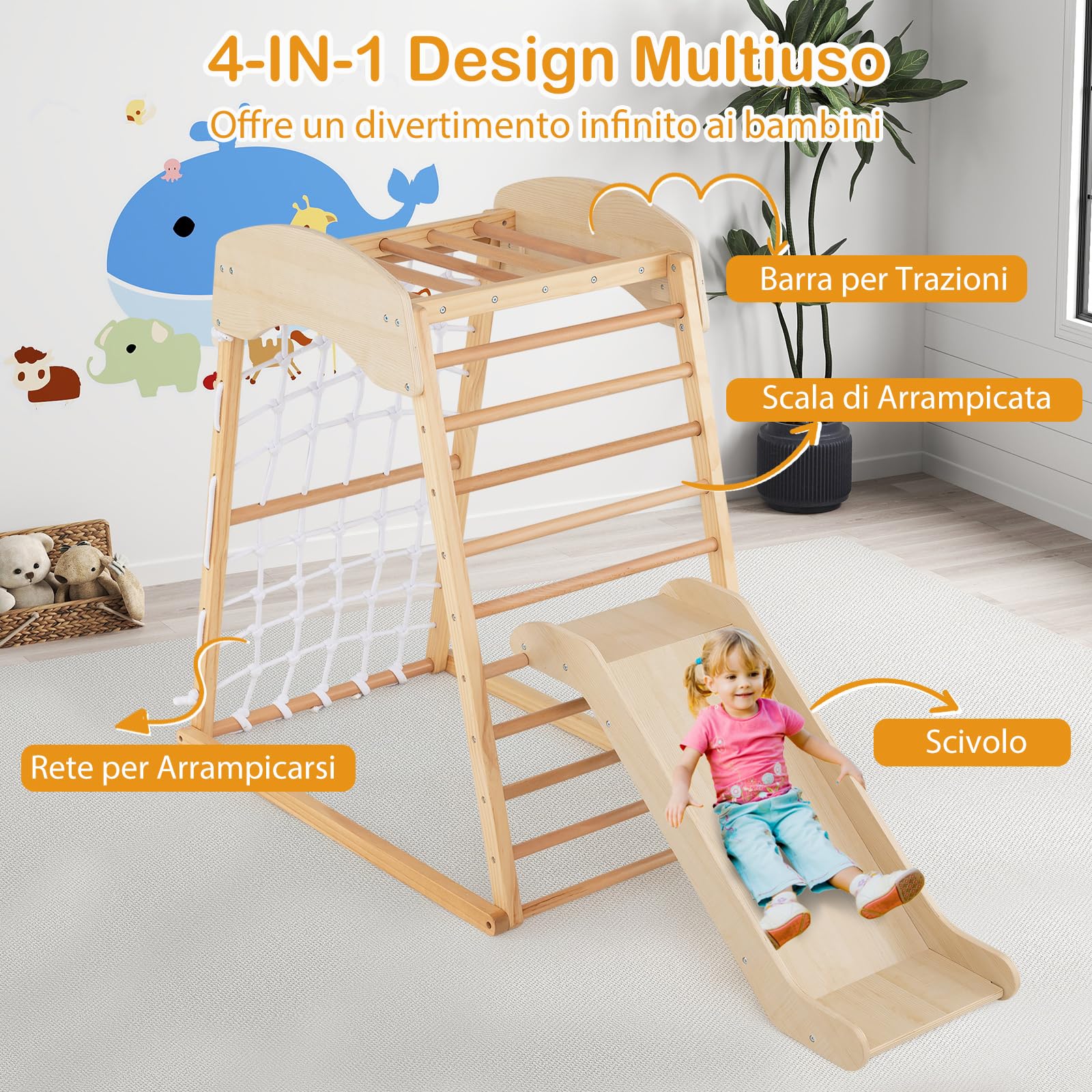 RELAX4LIFE Set di Arrampicata Multifunzione, Parco Giochi in legno Massello con Scivolo, Centro Attività da Interno, per Bambini 1 a 5 Anni (67x105x113 cm, Naturale)
