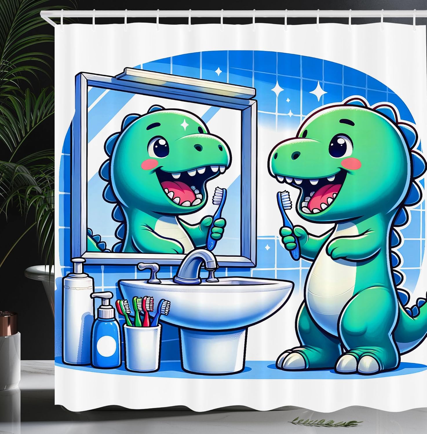 Ambesonne Funny Shower Curtain, Happy Dinosaur Looking at The Mirror After Brushing Its Teeth Cartoon, Cloth Fabric Bathroom Decor Set with Hooks, 69" W x 75" L, Shamrock Green and Blue