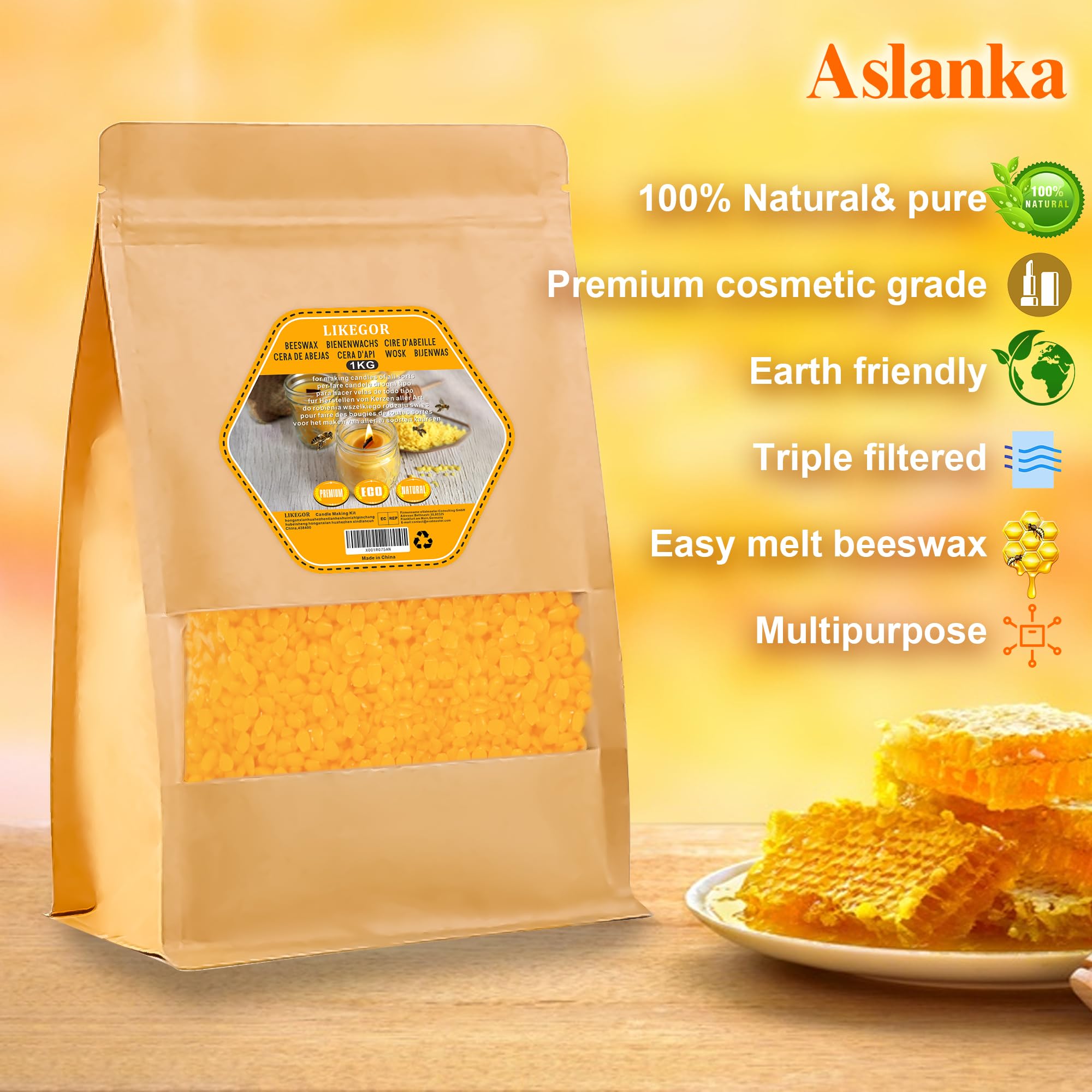 Aslanka Cera d'api di Alta qualità, 1kg di cera d'api naturale, ideale per cosmetici naturali, salviette di cera d'api o cera di candela, imballaggio durevole