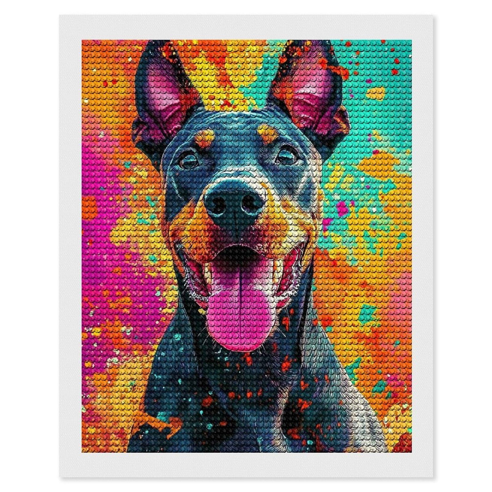 Junmoney Doberman in Splatter Art DIY Diamond Art Canvas Kit 16"x20", Simple to Start, Fun Craft Experience, Modern Decor, Gift Idea, Adhesive Canvas