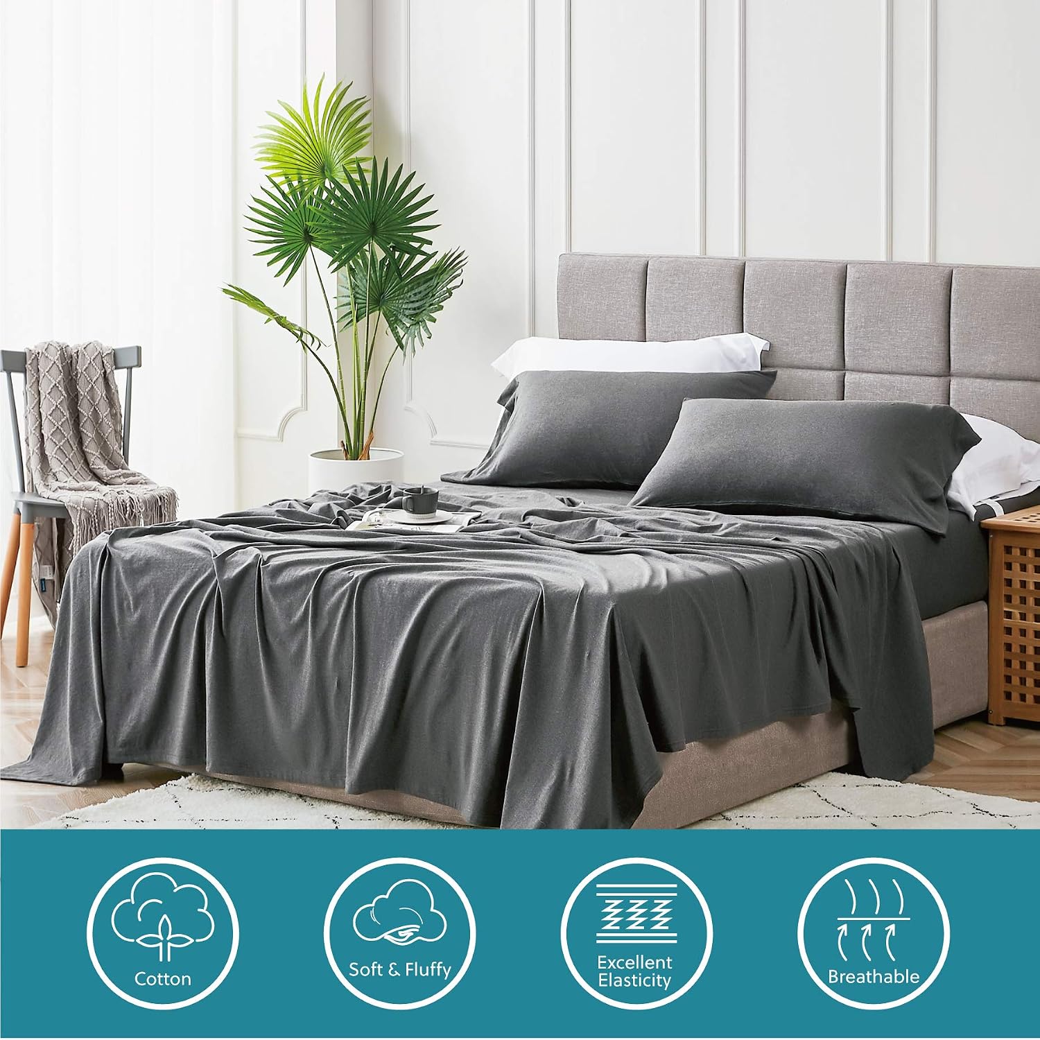 Bedsure Jersey Knit Sheets Queen Set - 100% Cotton T Shirt Bed Sheets for Queen Size Bed, Dark Grey, 4 PC Cotton Sheets