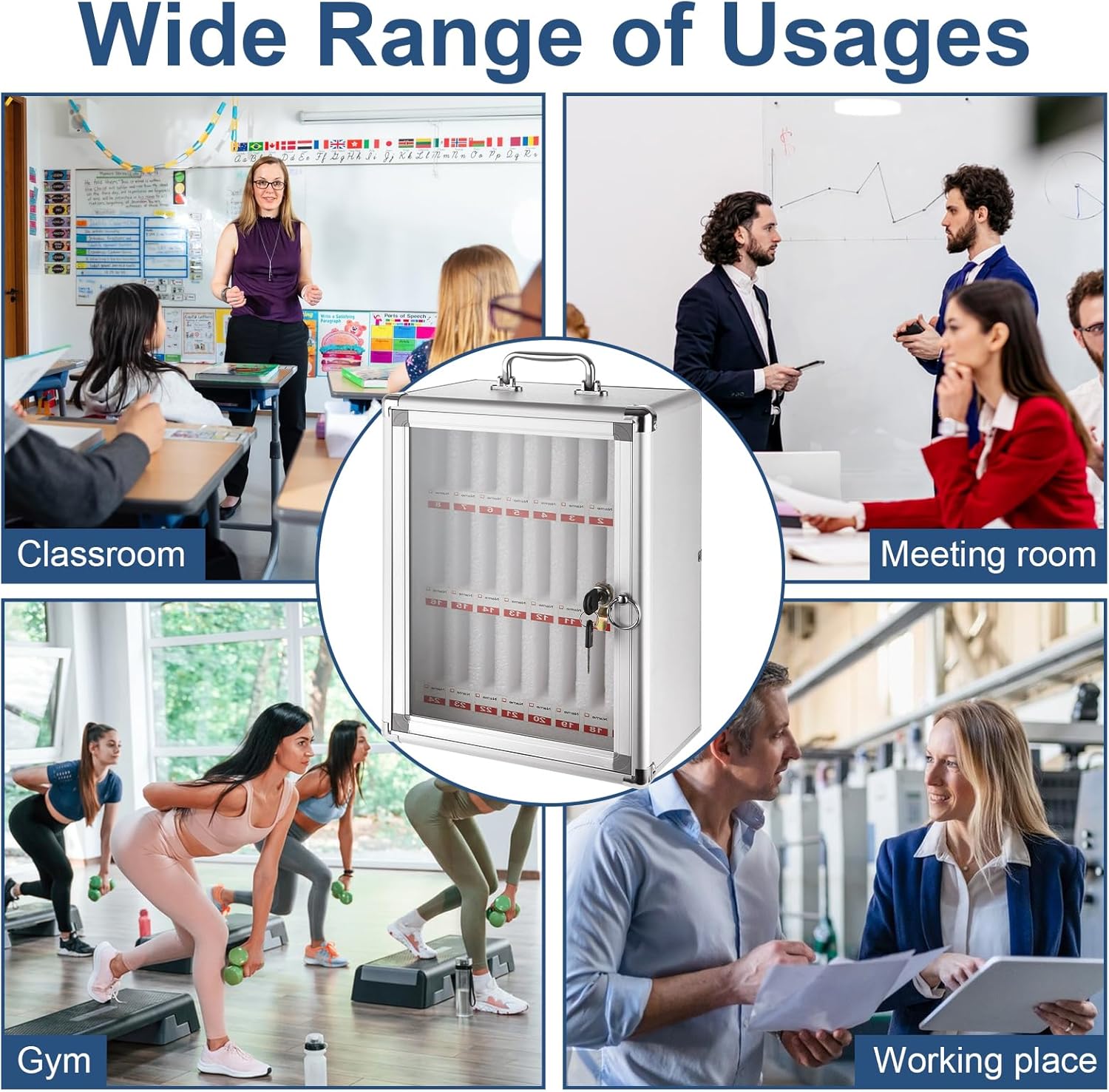 Aluminum Cell Phone Lock Box with Key 24 Slots Aluminum Alloy Pocket Chart Storage Cabinet for Cell Phone Locker Wall-Mounted Cell Phone Box Cell Phone Storage Cell Phone Jail for Office