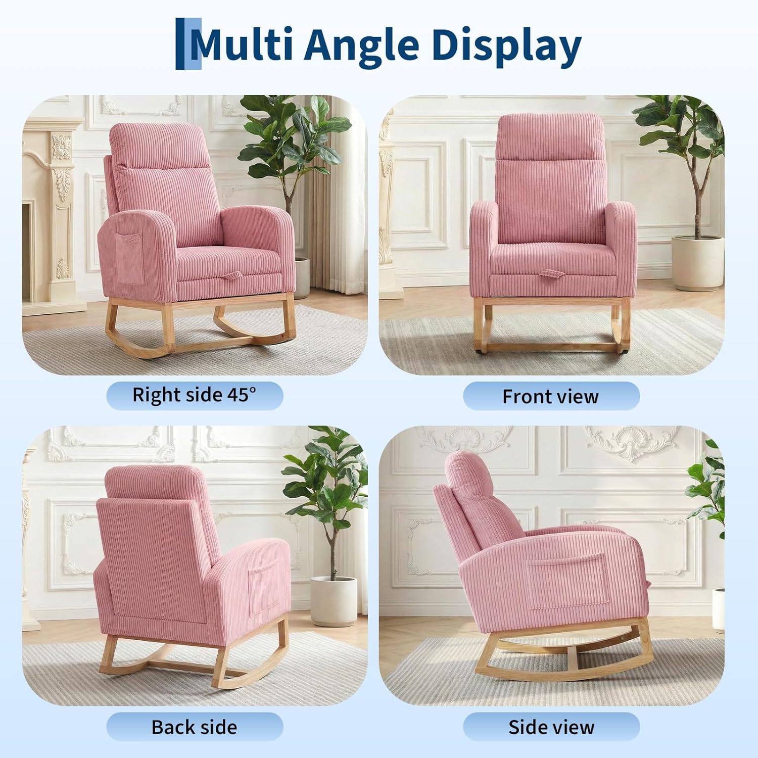 Garvee Nursery Rocking Chair, Corduroy Upholstered Rocking Chair with Adjustable Footrest, Tufted Rocker Chair with Side Pocket, Glider Rocker for Living Room, Bedroom