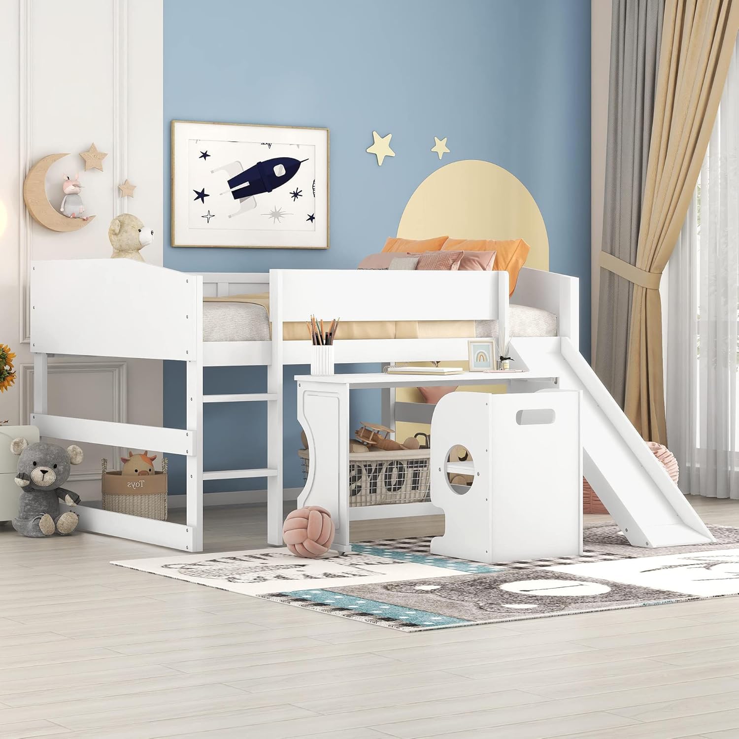 Harper & Bright Designs Low Study Full Loft Bed with Rolling Portable Desk and Chair