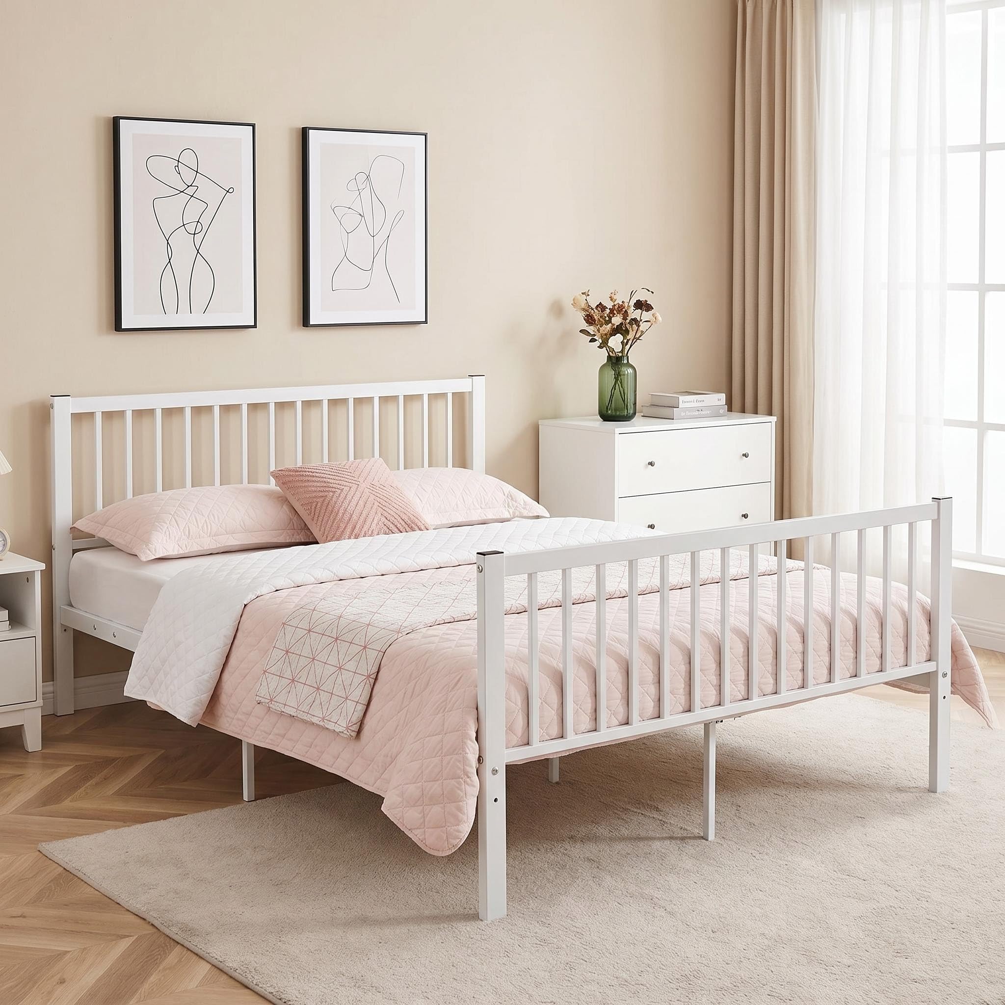 Panana Solid Double Metal Bed Frame 4ft 4ft6 Vintage Headboard and Footboard (White, Double)