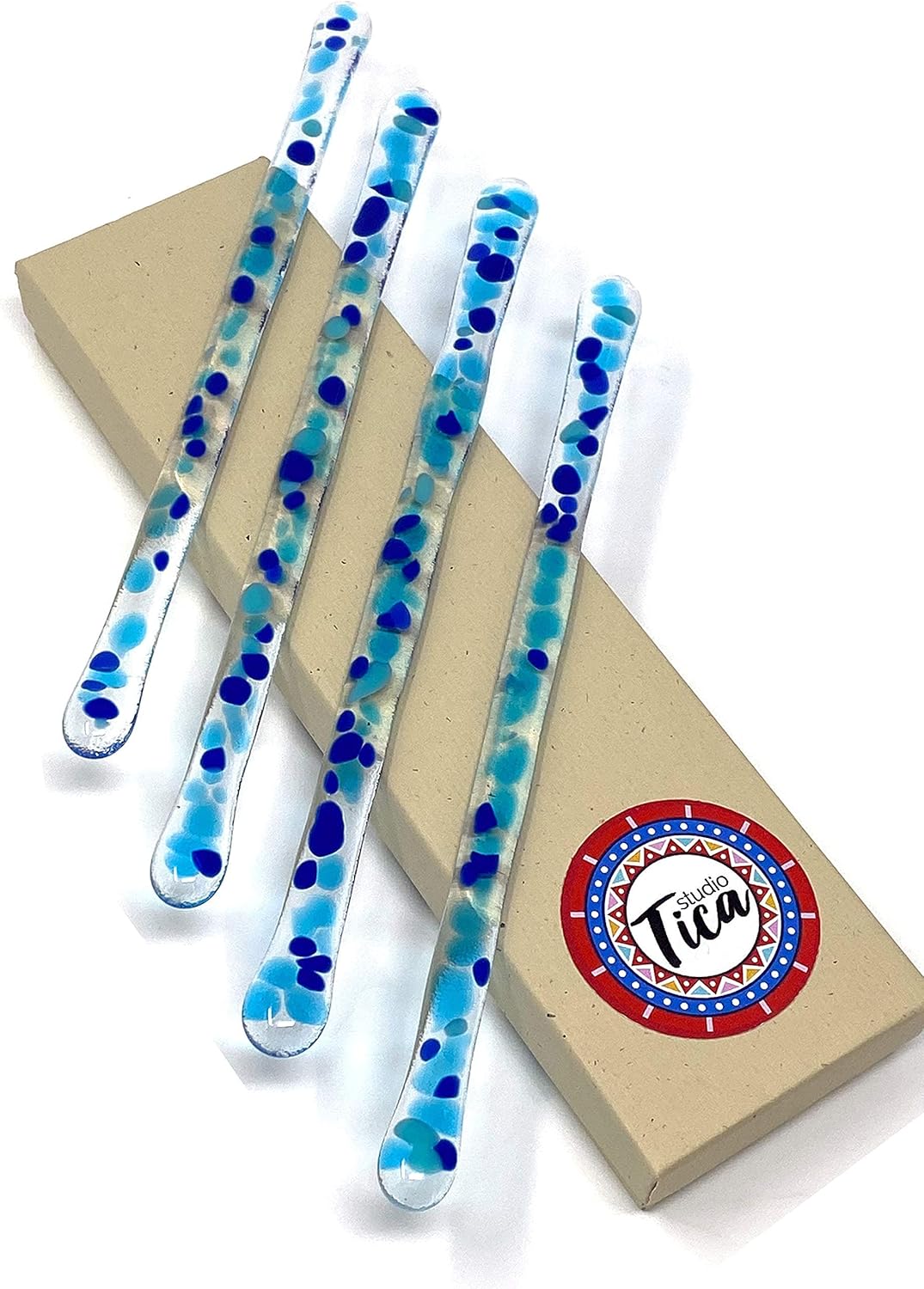 Handmade Glass Swizzle Sticks: Ocean Blue (Paradise Collection) - 7.25 inch stirrer for Coffee Tea and Mugs - Set of 4 with Gift Box by studioTica