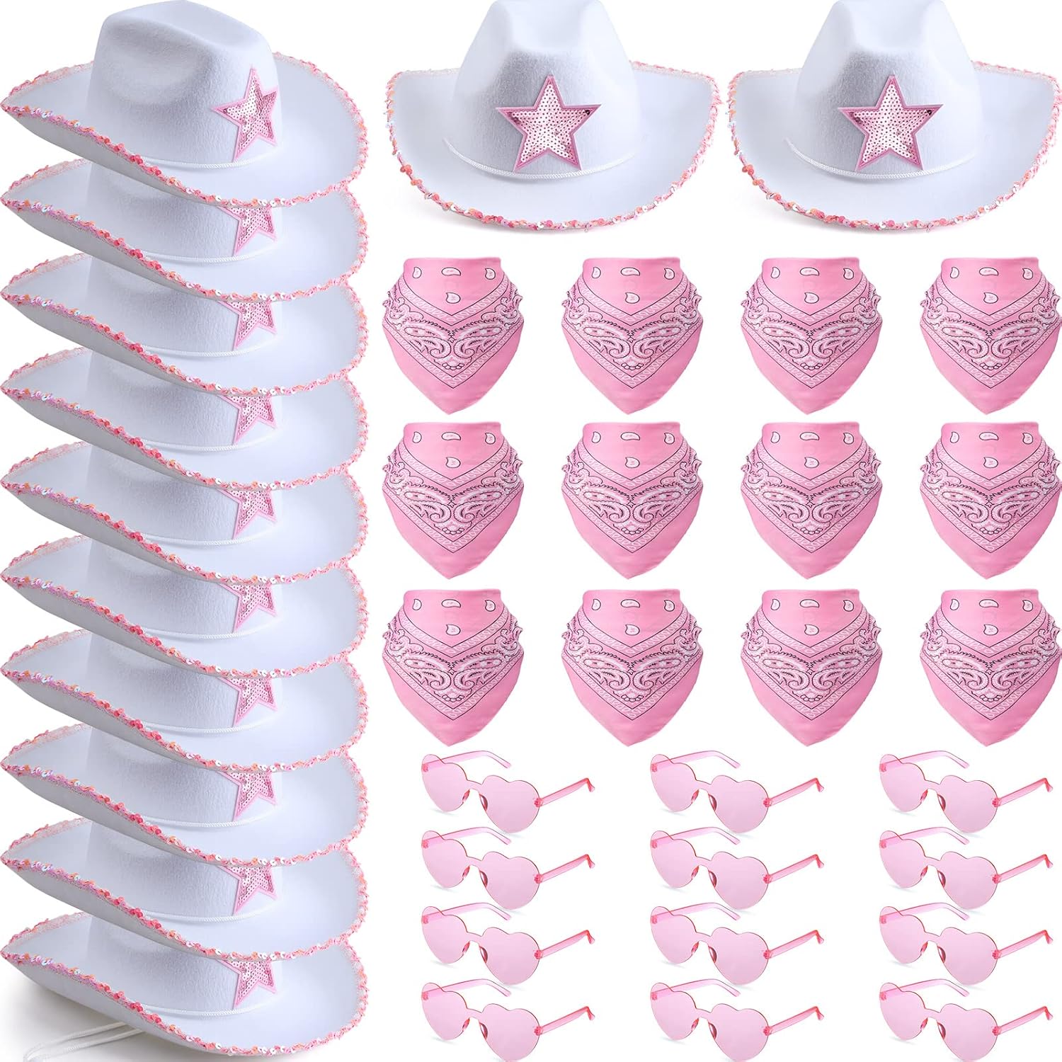 36 Pcs Adult Cowboy Hat with Bandanna Heart Sunglasses Unisex Felt Cowboy Hat Western Party Hat Cowboy Costume (Pink White)