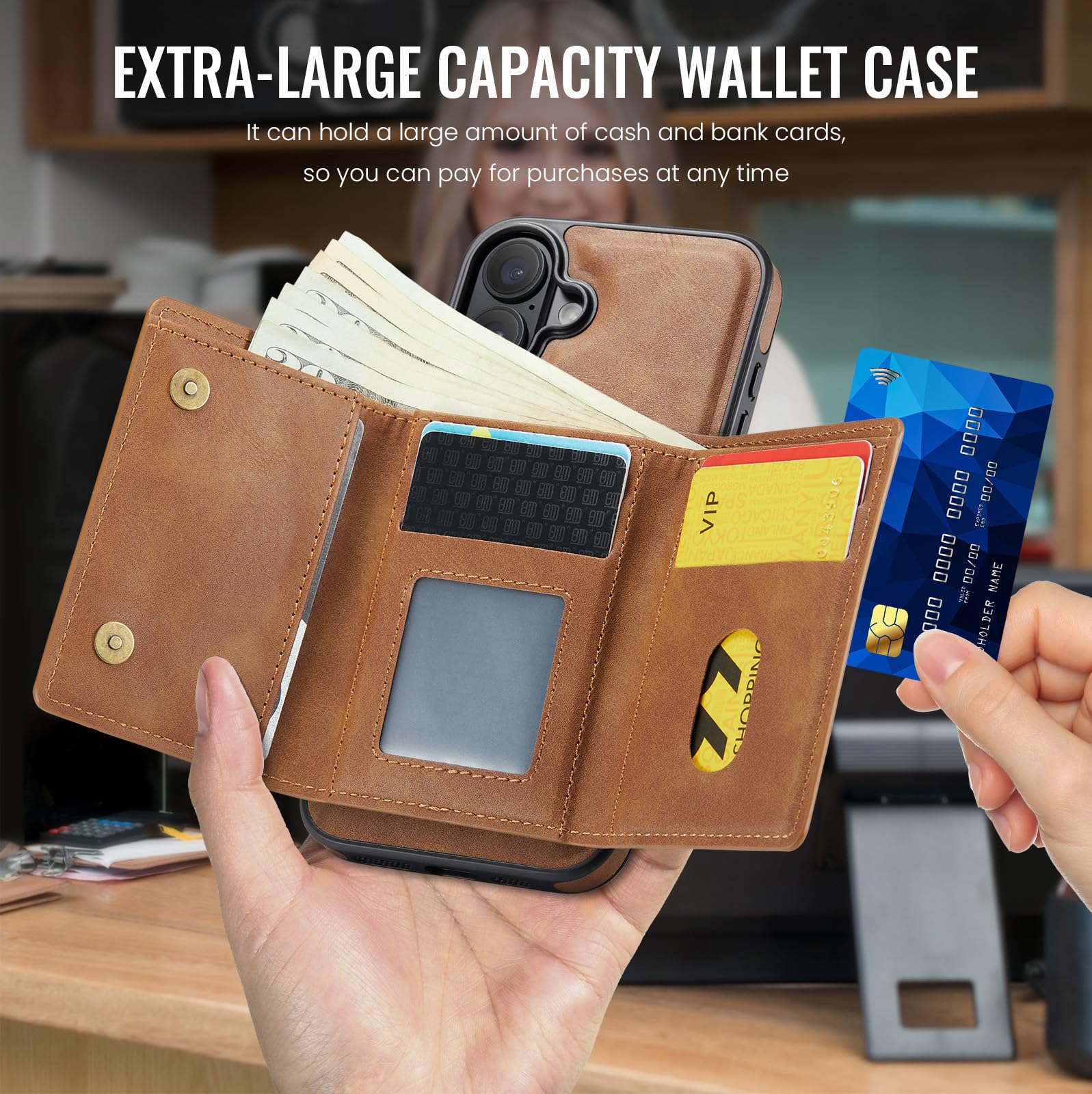 Asuwish Funda de teléfono para iPhone 16 de 6.1 pulgadas, funda magnética desmontable con carga inalámbrica y bloqueo RFID, soporte para tarjetas de crédito, soporte abatible para teléfono 16 i16 16
