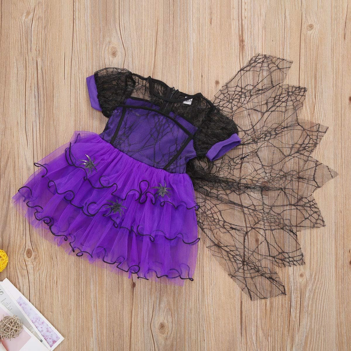Toddler Baby Girl Halloween Witch Costume Short Sleeve Purple Spider Lace Tutu Tulle Dress Halloween Party Clothes Outfit