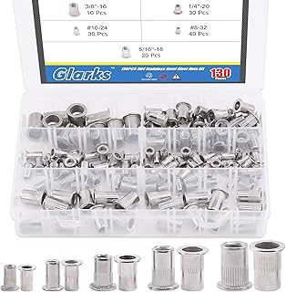 Glarks 130Pcs #8-32#10-24 1/4"-20 5/16"-18 3/8"-16 UNC Rivet Nuts Assortment Kit 304 Stainless Steel Flat Head Threaded Insert Nutserts Rivnuts Set