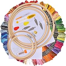 Beginner Full Set Embroidery Starter Kit Cross Stitch Tool Kit Including 5 Pieces Bamboo Embroidery Hoop, 4Pcs cross stitch needle-threading tools,100 Color Threads, 2 Pieces Classic Reserve Aida Threads for Sewing Knitting DIY Threaders and Tool Kit
