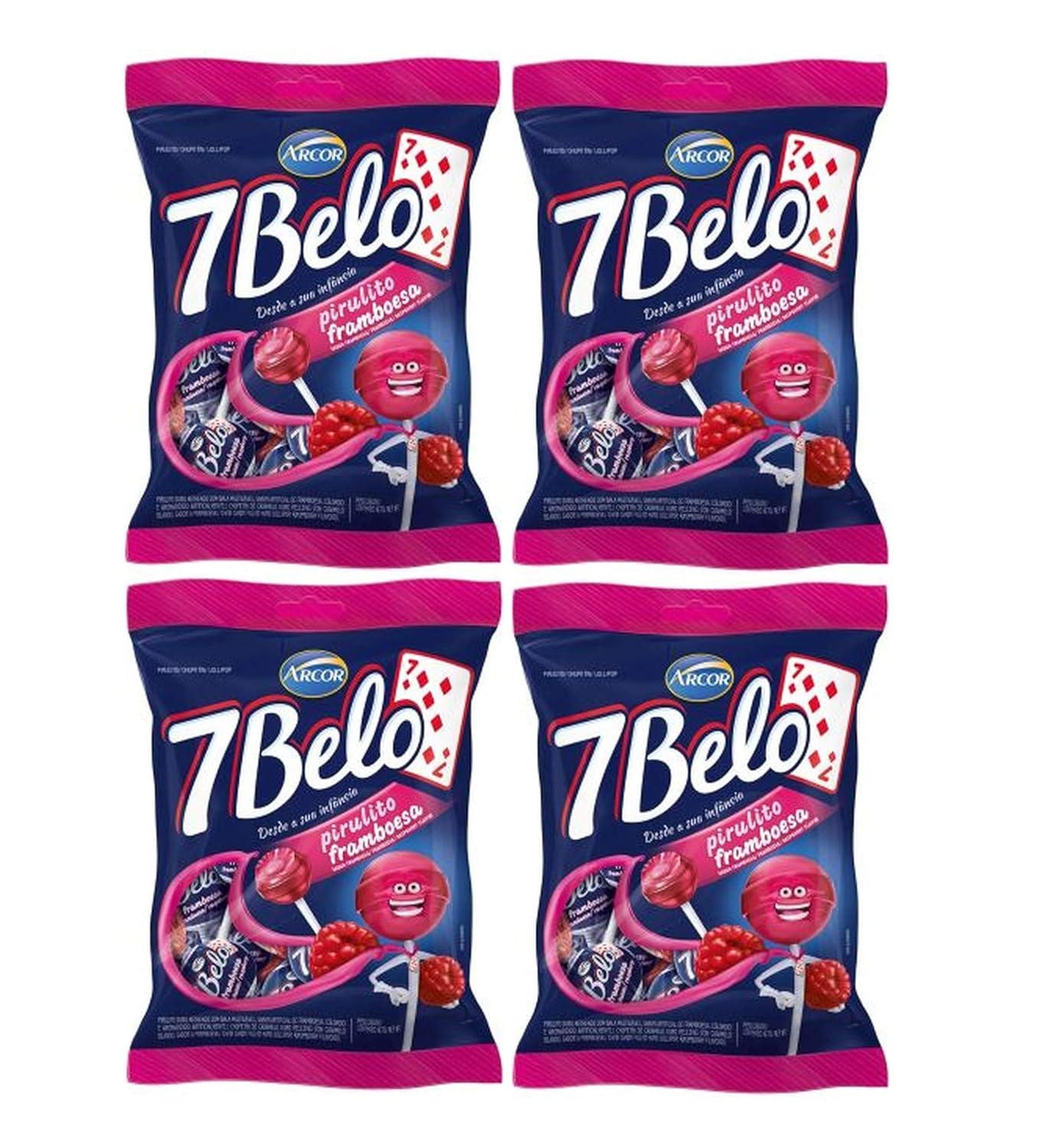 Arcor - 7 Belo - Hard lollipop Filled With Chew Candy Rasberry Flavored - 4.23 Oz (PACK OF 4) | Pirulito Duro Recheado Com Bala Mastigável Sabor Framboesa - 120g