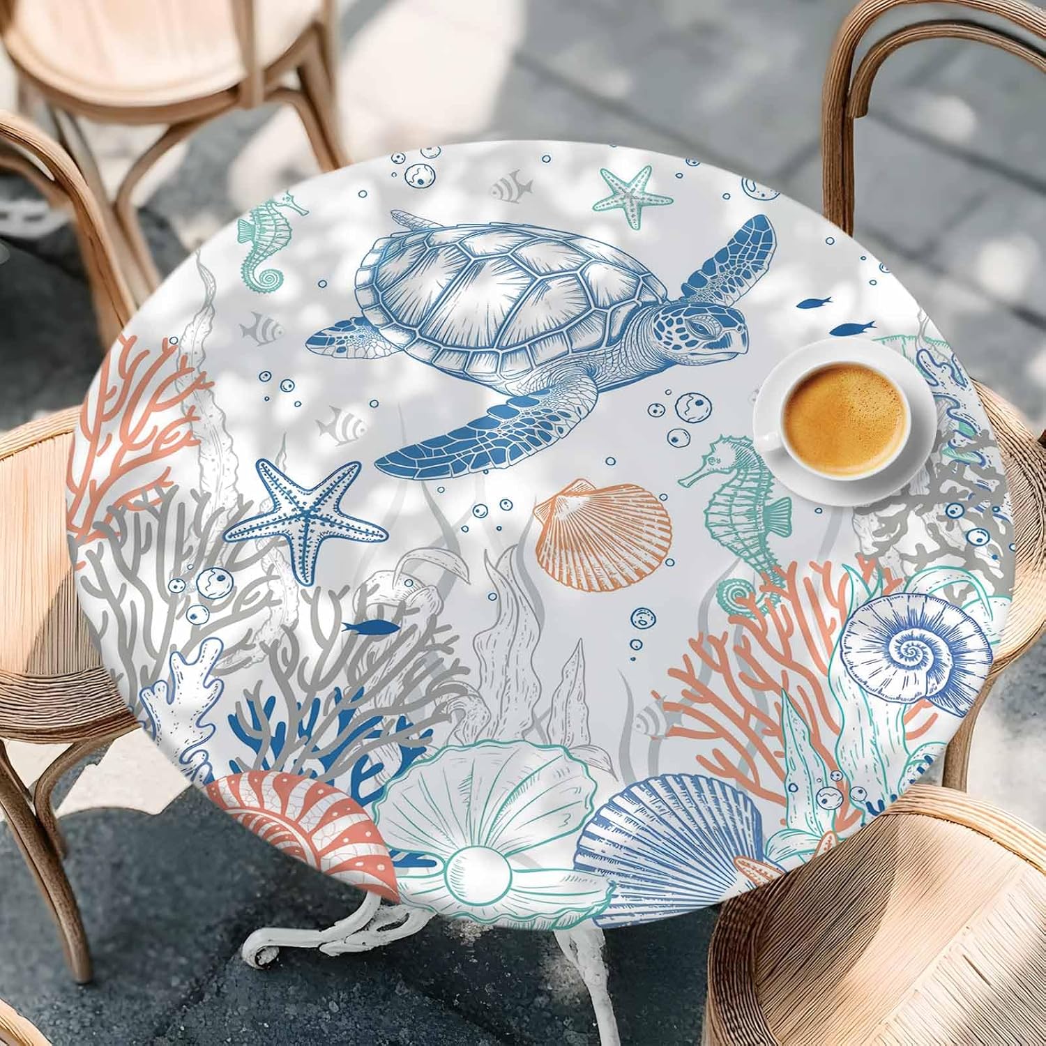 Ocean Sea Turtle Fitted Round Tablecloth,Coastal Shell Coral Waterproof Table Cover with Elastic Edged,Blue Aqua Sealife Table Cloth for Dining Kitchen Party Picnic,Fits Round Tables up to 36"-44"