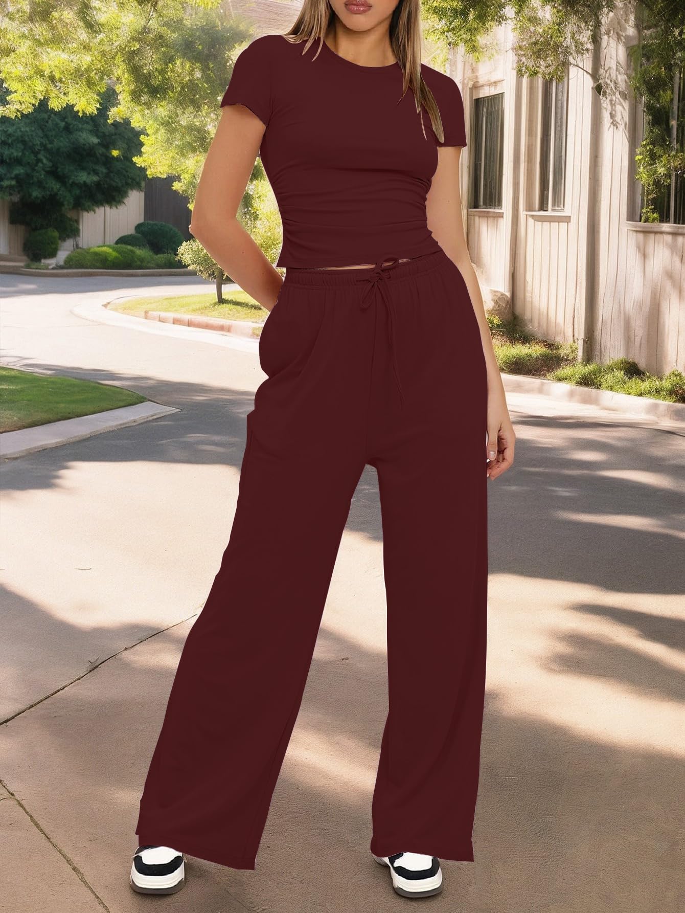 Women's 2 Piece Lounge Set Ruched Short Sleeve Tops High Waisted Wide Leg Pants — view 5