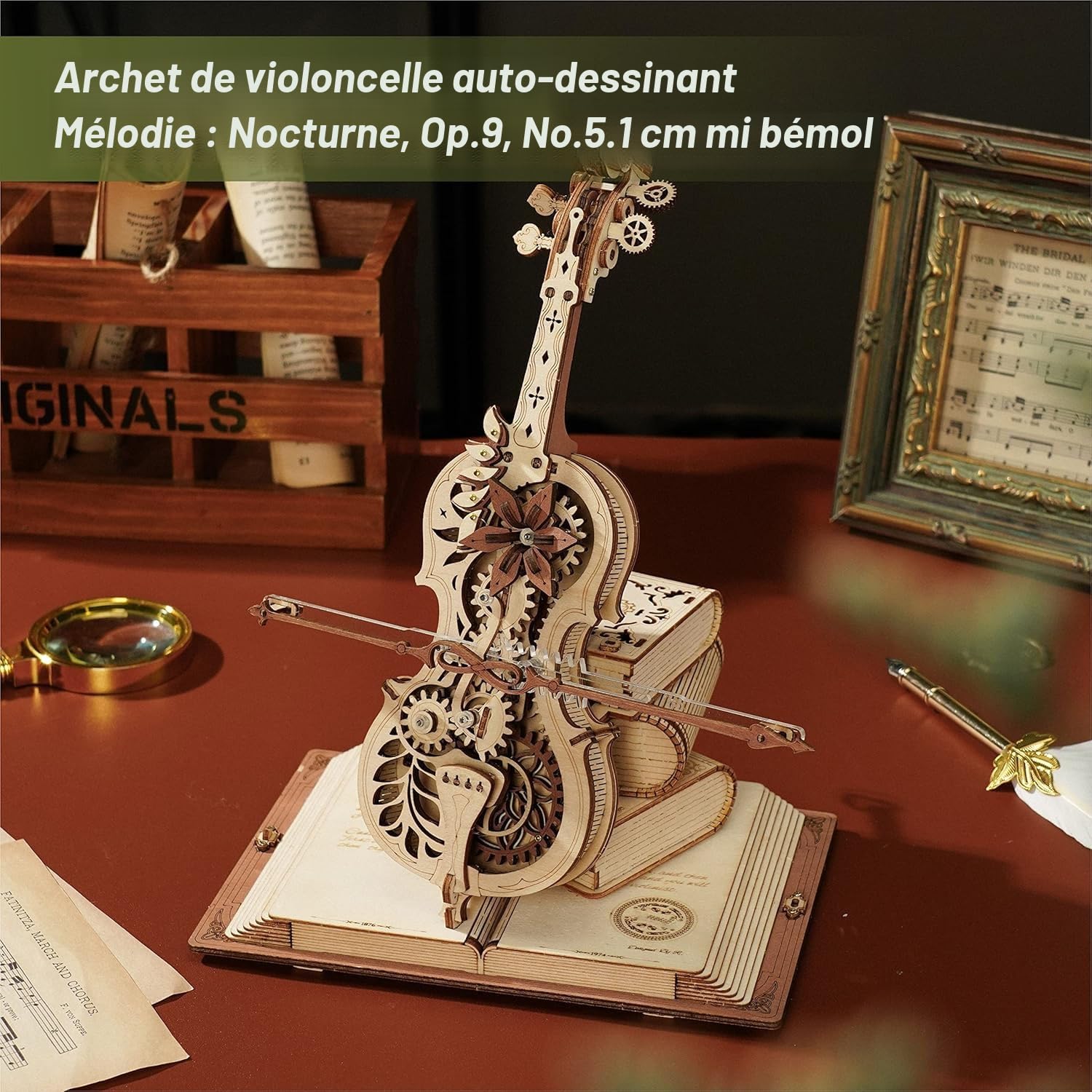 ROBOTIME Puzzle 3D en Bois pour Adultes - Boîte à Musique Violoncelle - Kit de Maquette d'engrenage de Construction - Décoration Exquise Cadeaux