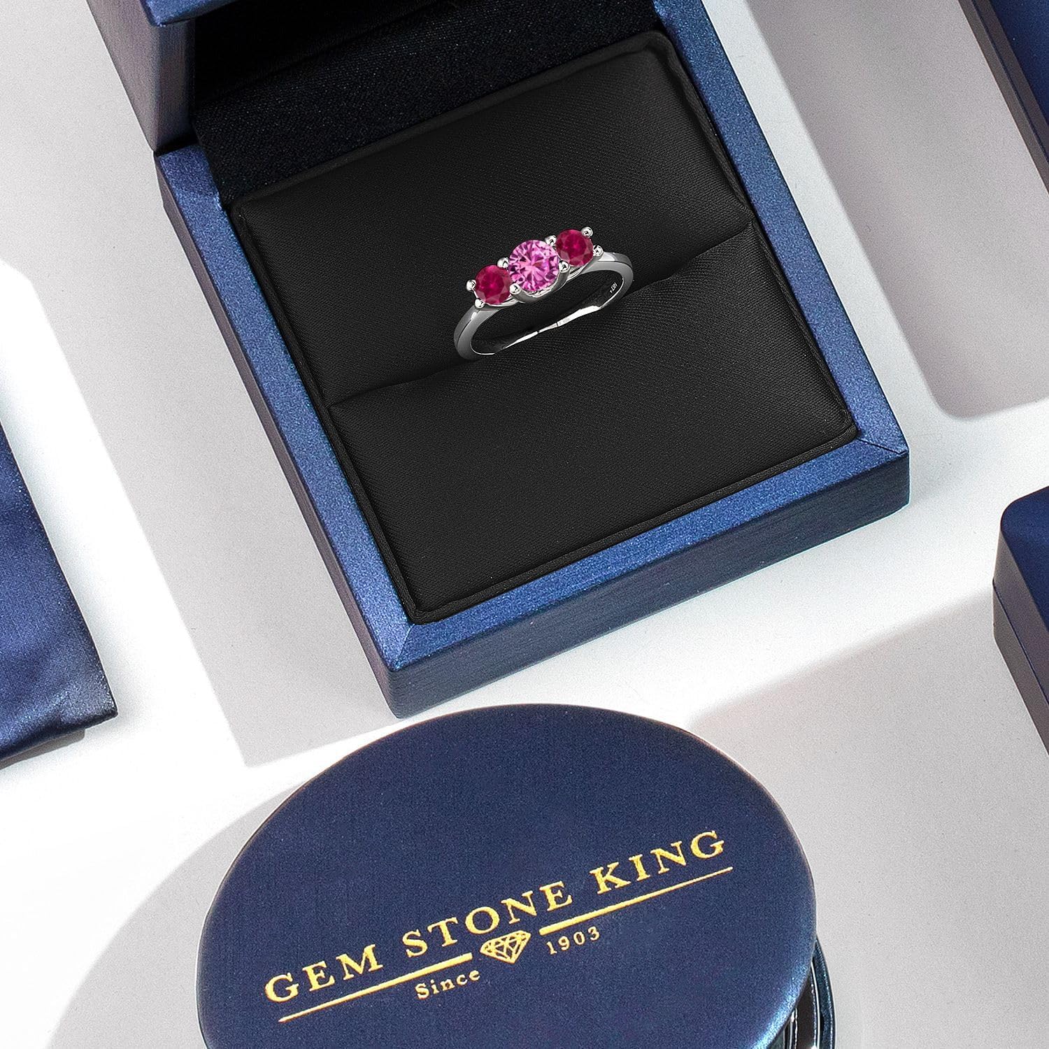 Gem Stone King 14K White Gold Pink Created Sapphire & Red Created Ruby 3-Stone Engagement Ring | 1.05 Cttw | Round 5MM and 4MM | 3 Stone Wedding Anniversary Promise Ring For Women - Image 5