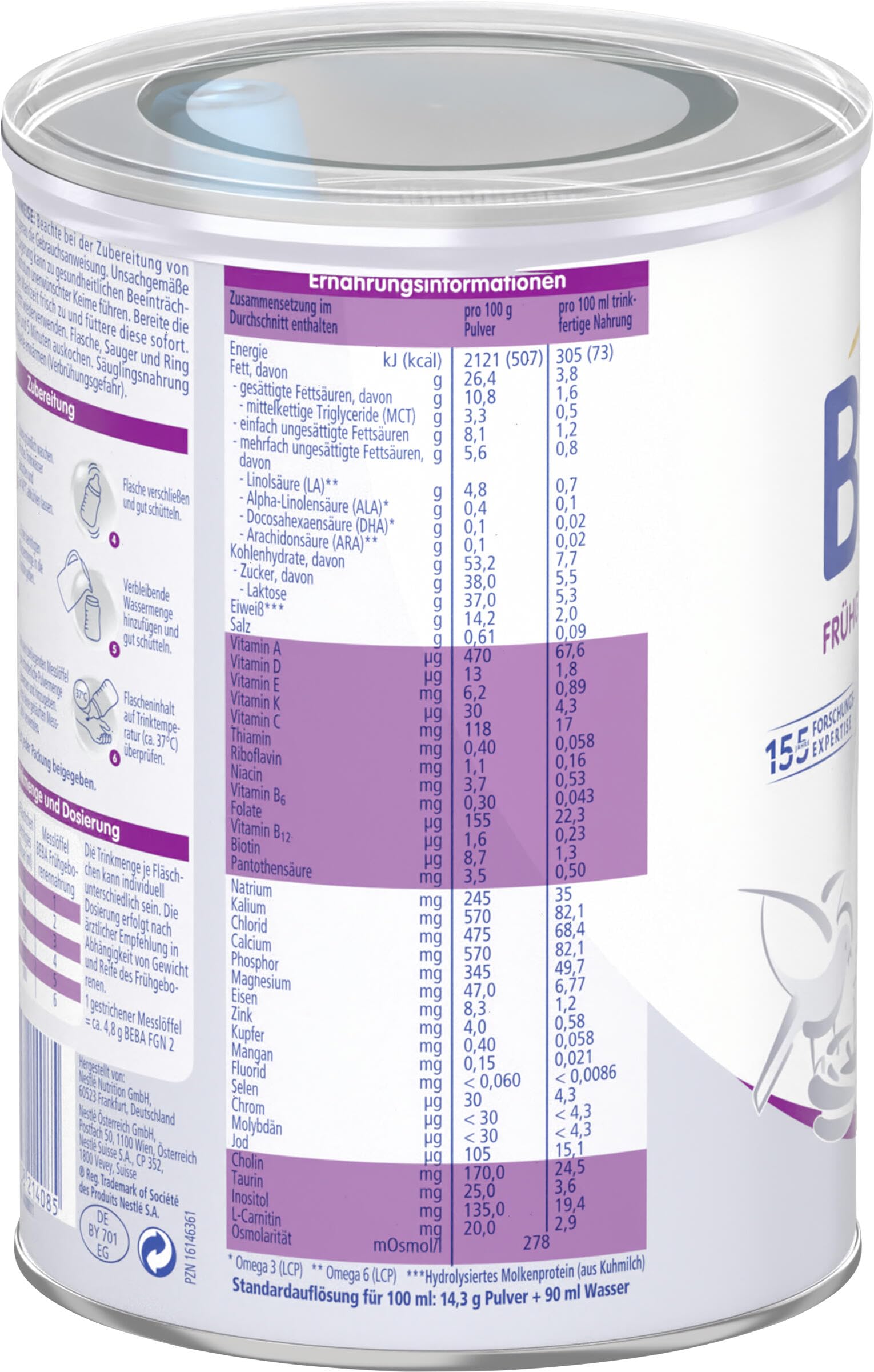 BEBA Frühgeborenennahrung Stufe 2, Spezialnahrung für Frühgeborene und untergewichtige Neugeborene, 12er Pack (12 x 400g)