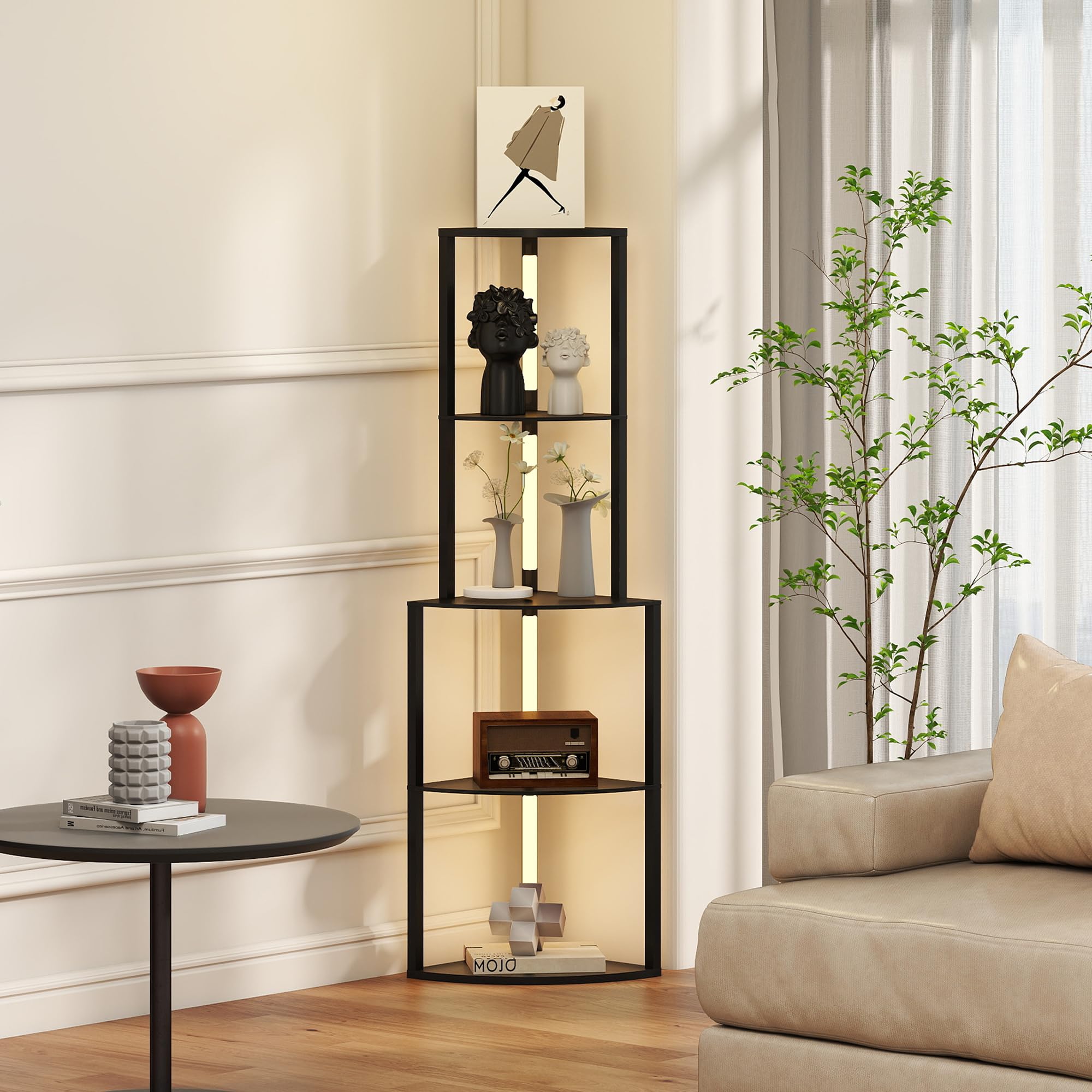 HOMCOM Stehleuchte Wohnzimmer, Stehleuchte mit 4-stufigen Eckregalen, moderne LED-Lampe, regulierbare Helligkeit, Fußschalter, für Wohnzimmer, Schlafzimmer, Büro, schwarz