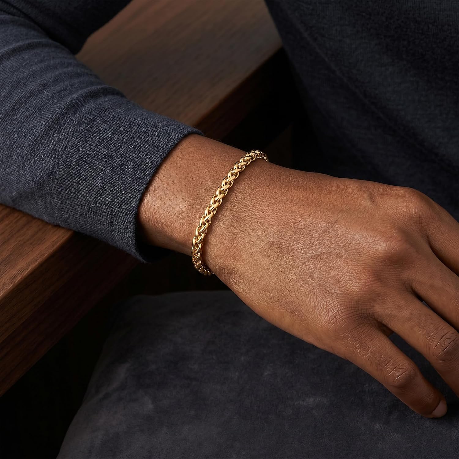 Gold Bracelet for Men, 18k Gold Plated 925 Sterling Silver Spiga Chain, Hypoallergenic Jewelry Gift, Size 7-8.5 Inches
