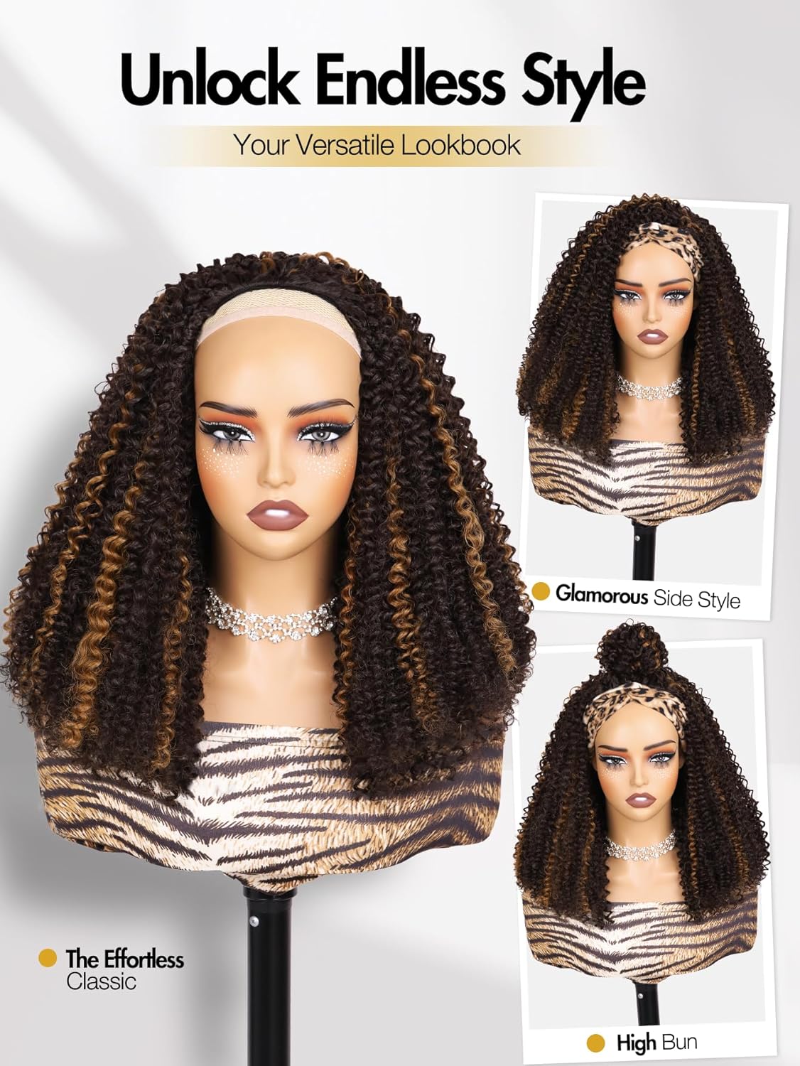 quickwig Curly Half Wig 3 In 1 Glueless Water Wave Wigs Short Kinky Curly Half Wigs for Black Women Wear and Go Beginner Friendly Highlighted Blonde Synthetic Headband Wig 16 Inch