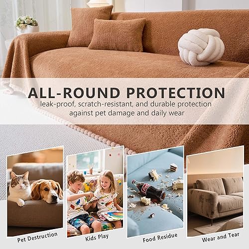 Miniatura 6 de Funda de sofá de forro polar de sherpa para sofá de 3 cojines, marrón, 71" x 134" - Fundas de sofá a prueba de mascotas, funda de muebles resistente