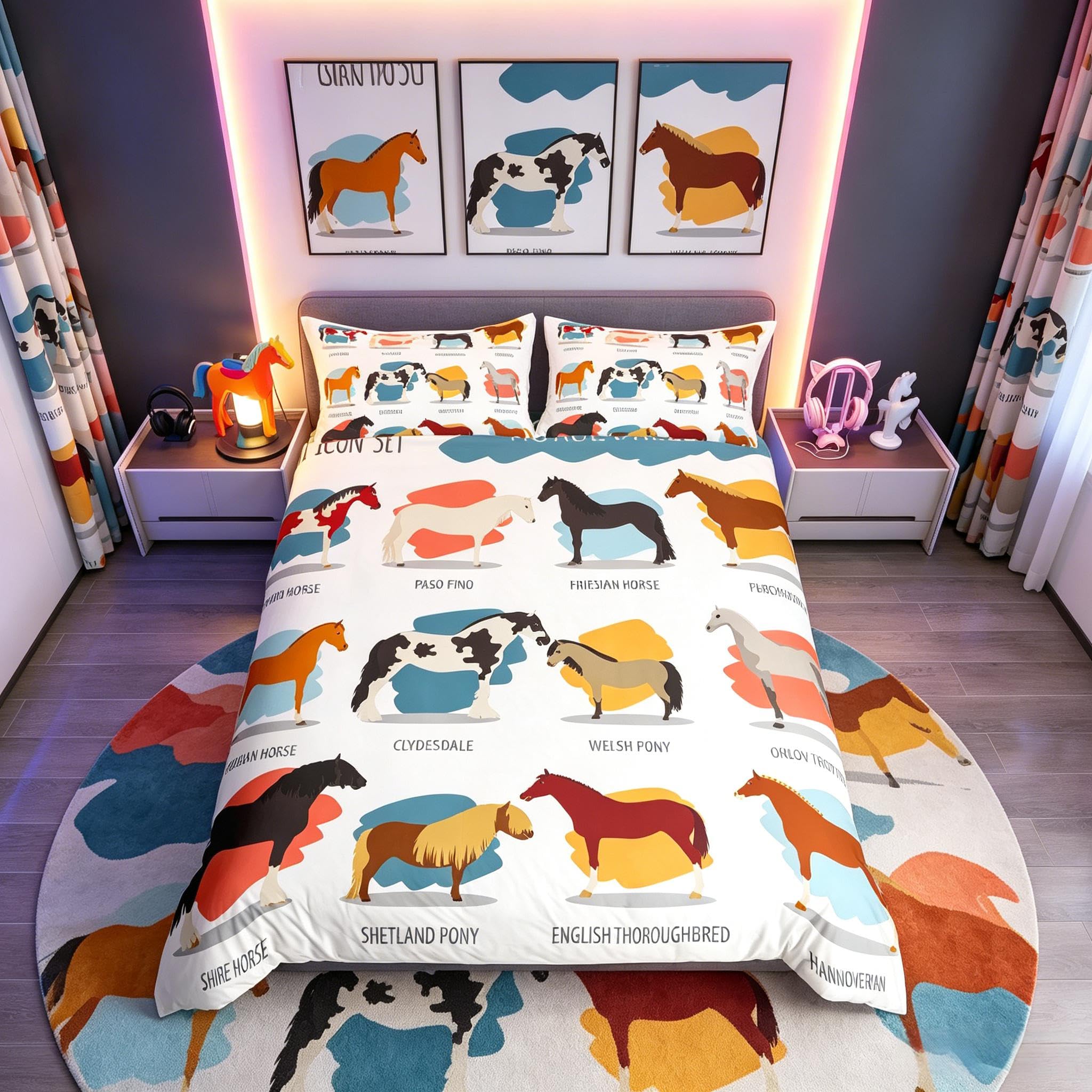 Loussiesd Horse Duvet Cover Cartoon Horses Bedding Set for Kids Boys Girls Teens Ultra Soft Wild Animal Pattern Comforter Cover Wildlife Style Decor Microfiber Junior/Cot Bed Size With 1 Pillow Case โ image 1