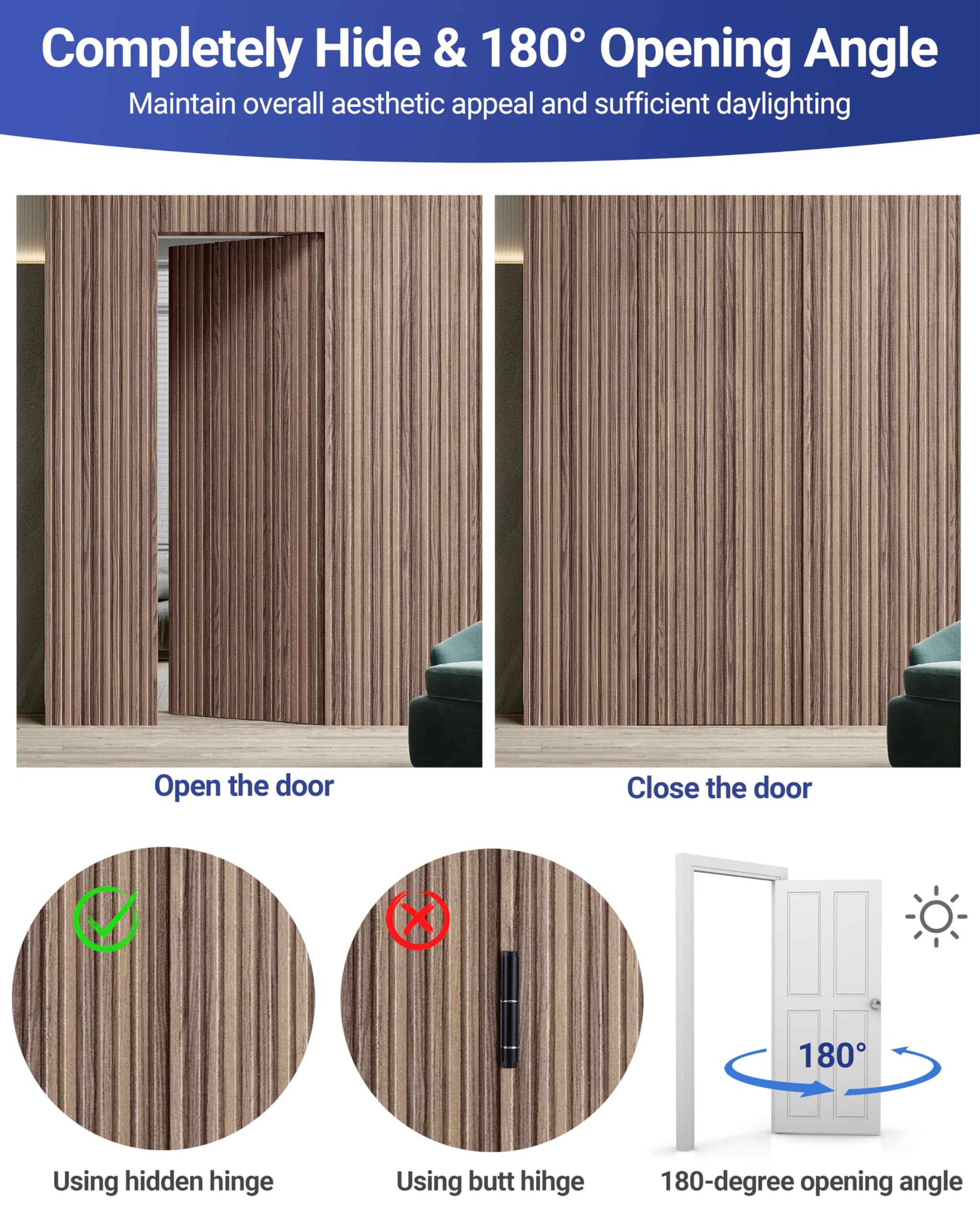 Bisagras invisibles ocultas para puerta, aleación de zinc resistente de 7 pulgadas, bisagra ajustable de 3 vías, bisagra oculta oscilante de 180 grados, 7 x 2.8 x 1 pulgada (2 bisagras, negro)