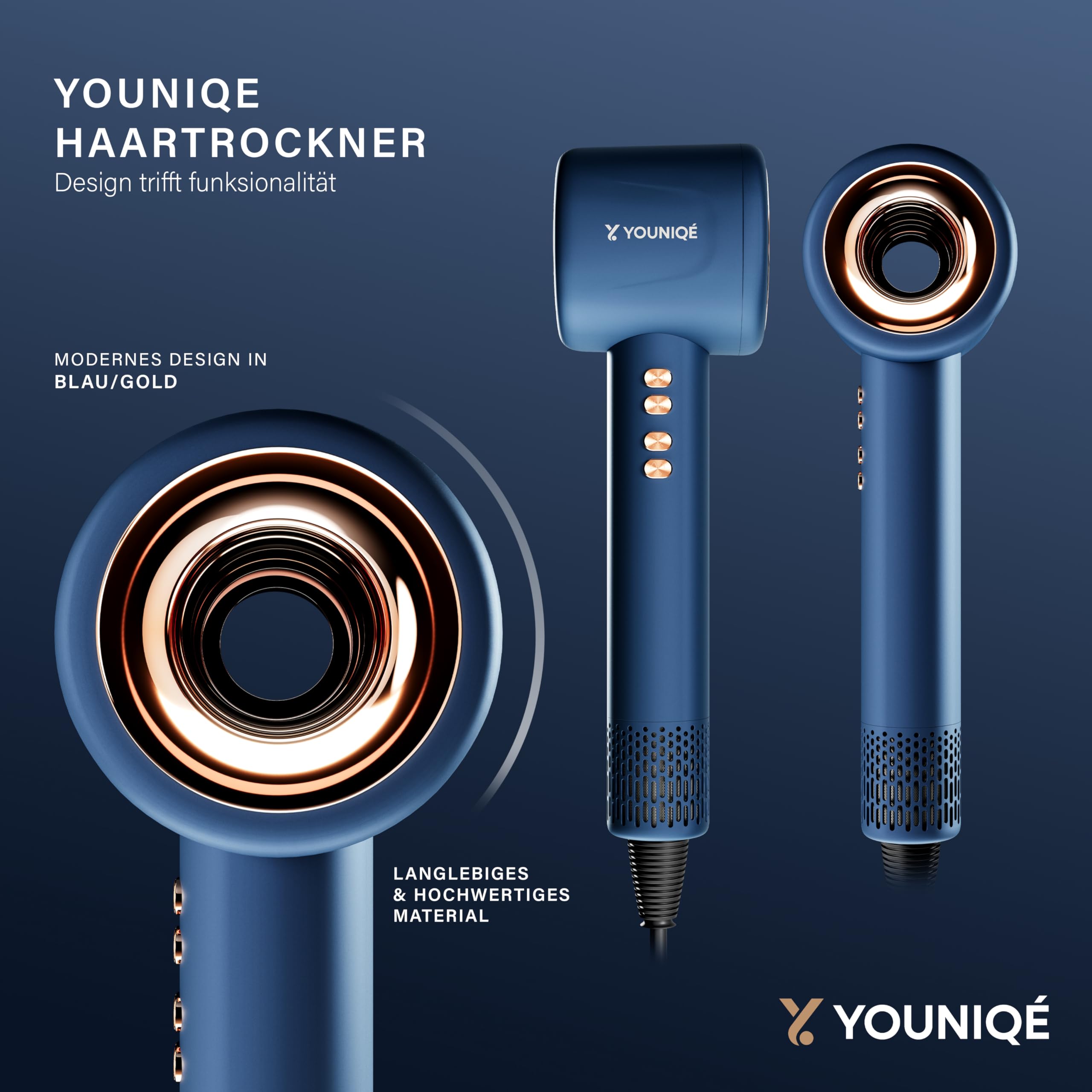 Haartrockner – 5-in-1 Föhn mit Ionen-Technologie, Lockenstab, Glättdüse, Diffusor & Konzentrator – 1600W, LED-Anzeige, 4 Temperaturstufen, Magnetaufsätze – Ergonomisch – Blau/Gold
