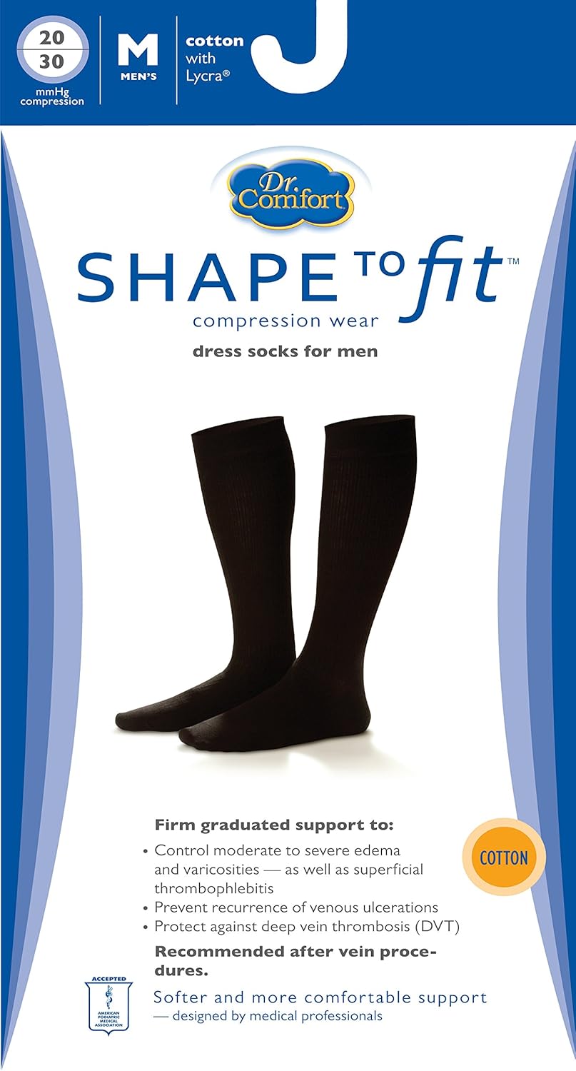 Dr. Comfort Men's Cotton Dress Graduated Compression Knee-High Sock, 20-30 mmHg, Black, X Large