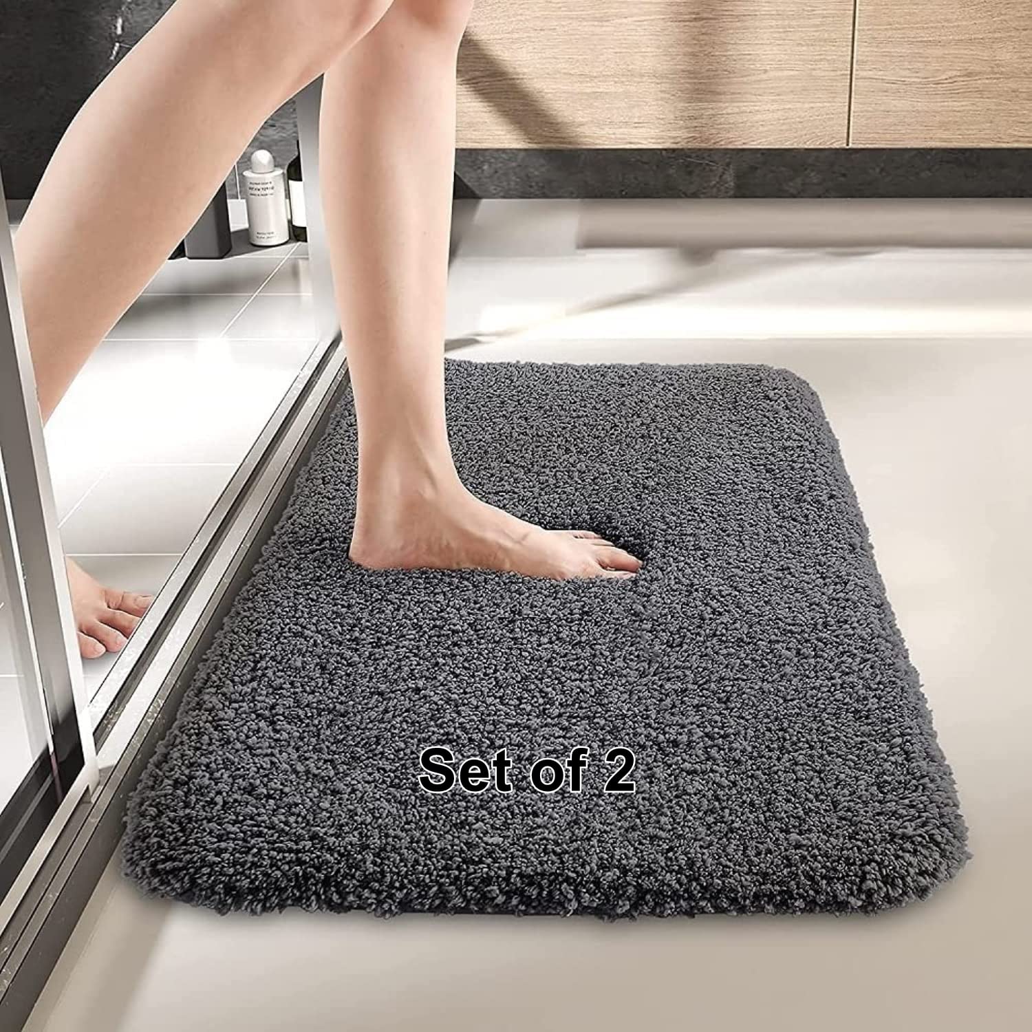 VIIHAAThick Microfiber Shaggy Bathmat | Washable, Water Absorbing Soft Fluffy Plush Carpet Rug Doormat for Kitchen, Bedroom, Living Room, Hotel, Tub, Decor (Grey,45x75 cm, Set of 2)